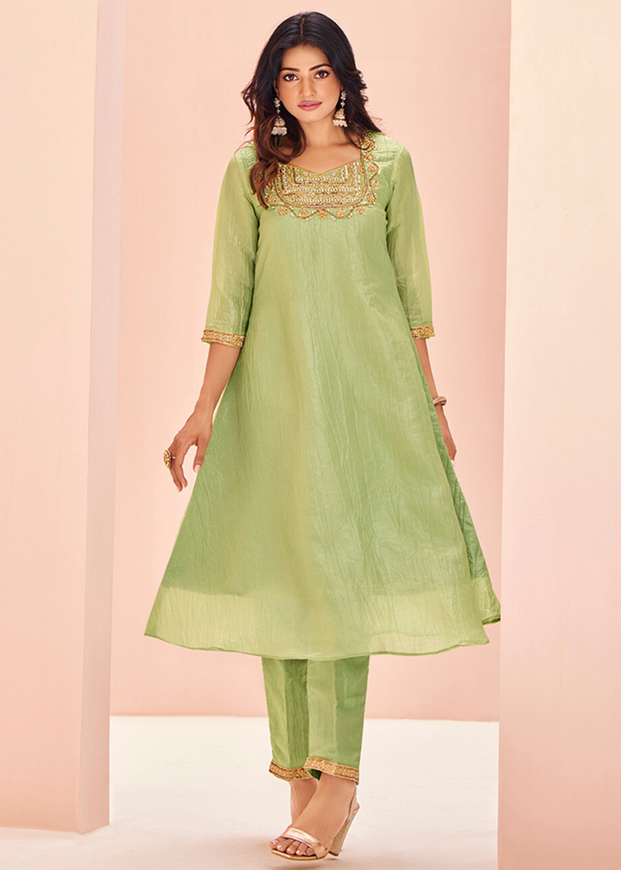 Light-Green Organza Handwork Kurta with Pant - qivii
