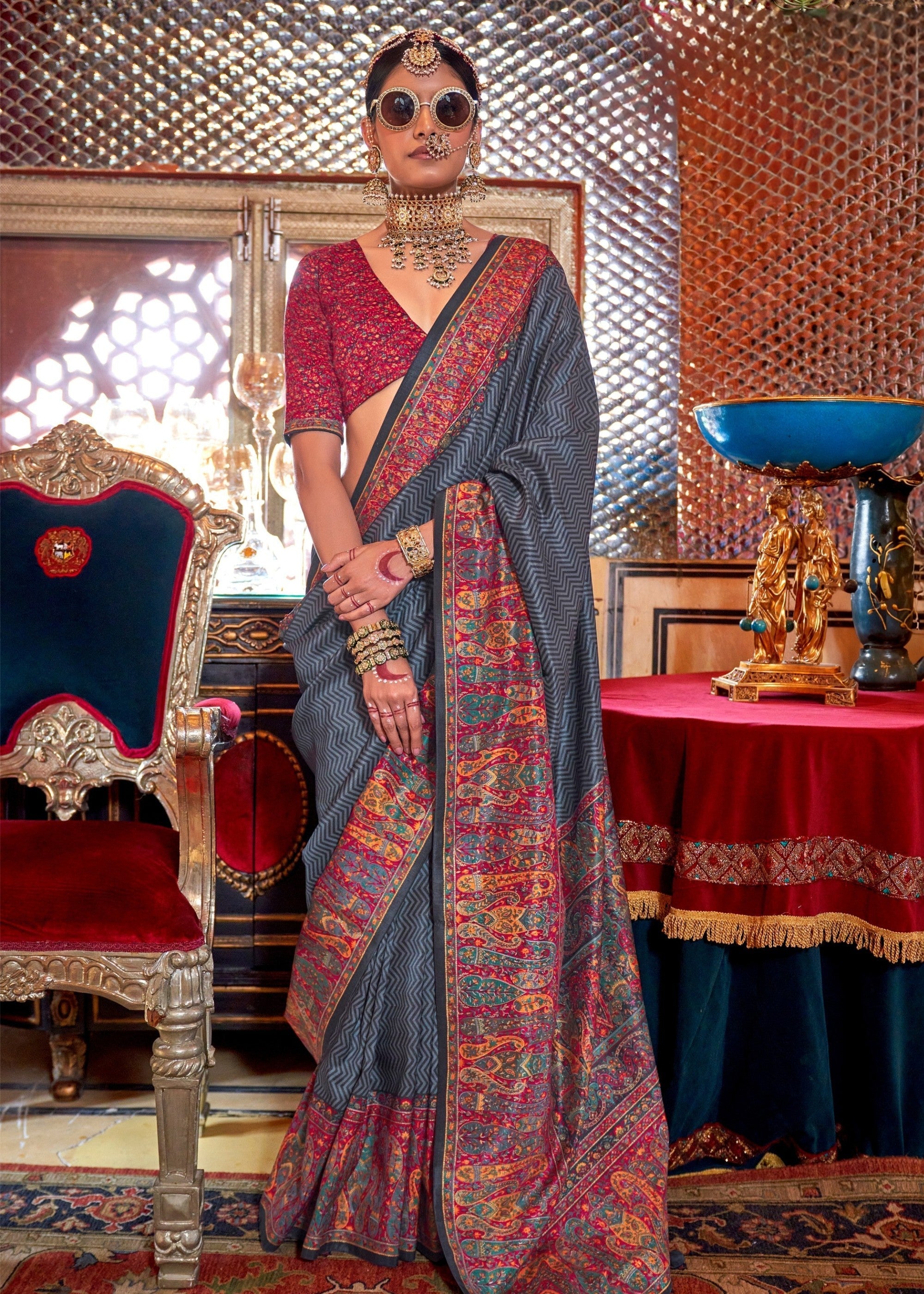 Slate Grey Silk Saree With Beautiful Print - qivii
