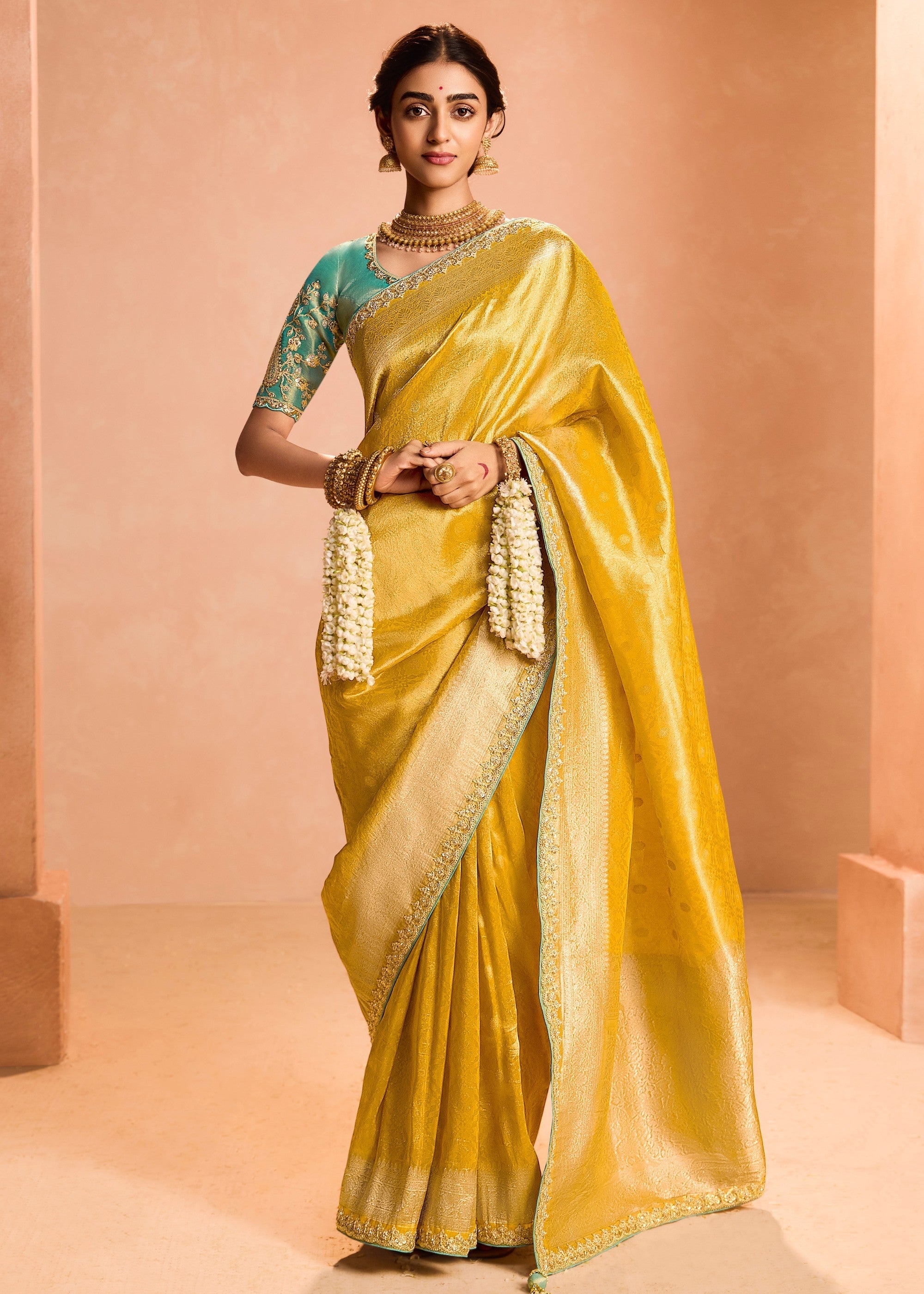 Butter Yellow Zari Tissue Silk Saree With Weaving Work And Heavy Embroidery Lace - qivii
