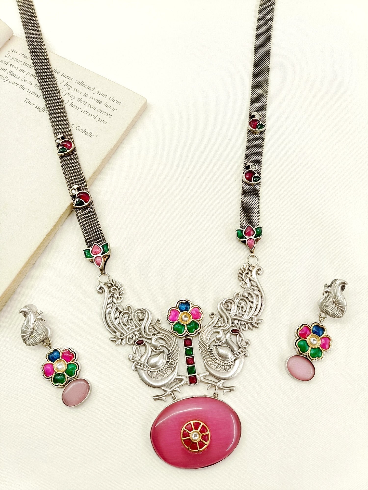 Razina Multi Colour German Silver Oxidized Pendant Set - qivii