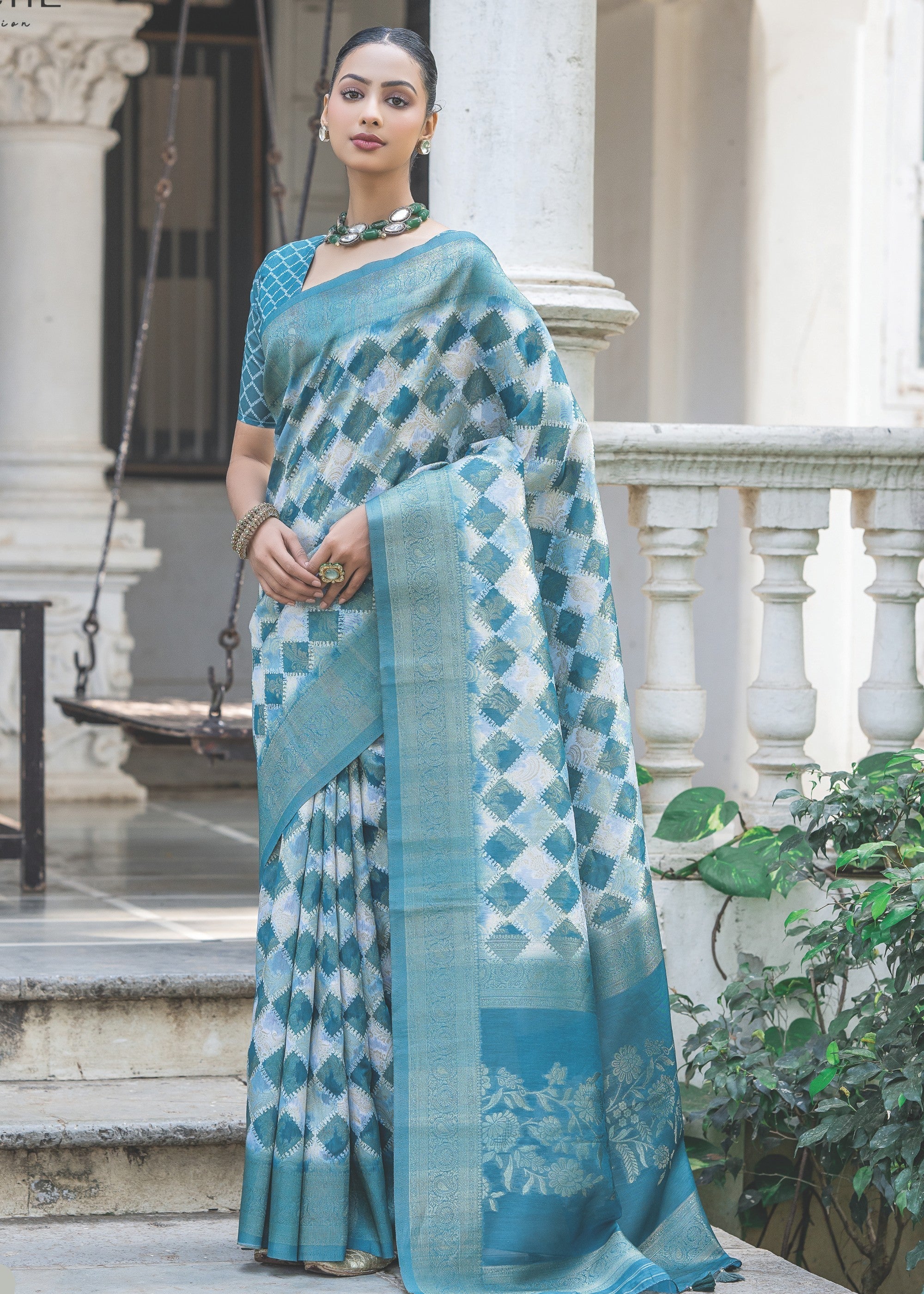 Azure Blue Woven Silk Saree with Contrast Pallu - qivii