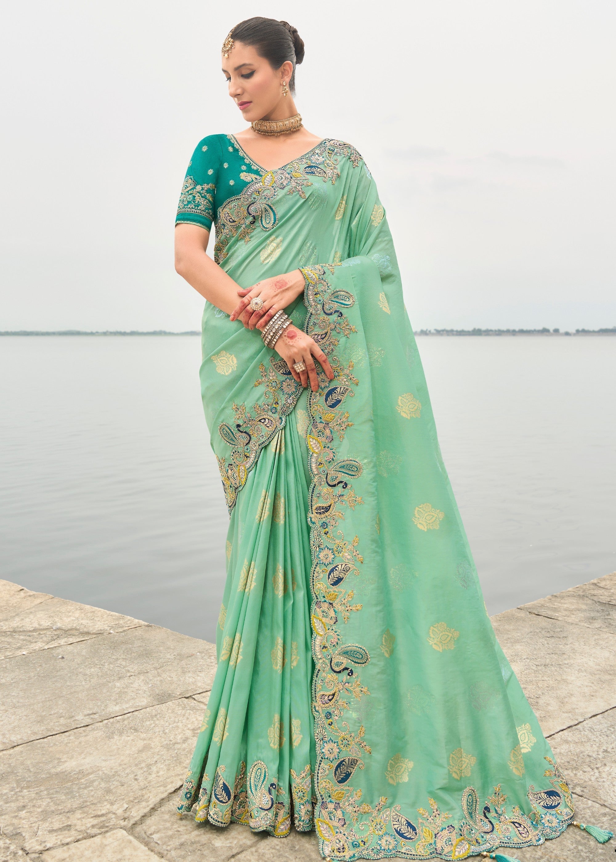 Mint Green Viscose Tissue Silk Saree With Embroidery Cut Work Border And Sequence Work - qivii