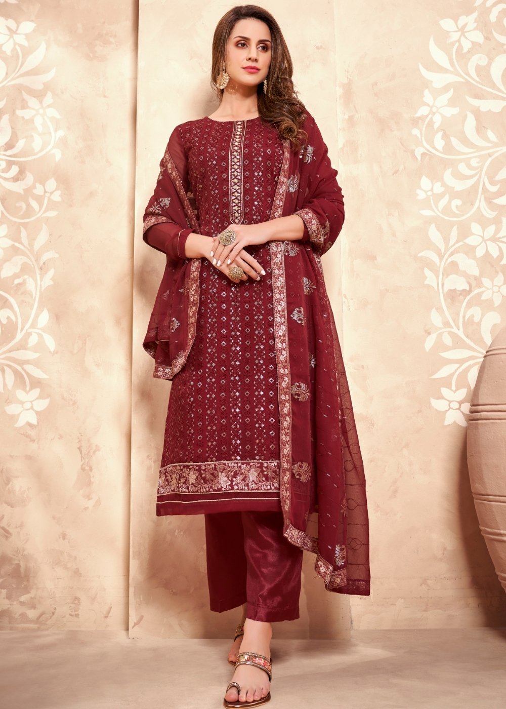 Maroon Red Georgette Salwar Suit with Thread & Sequence Embroidery work - qivii