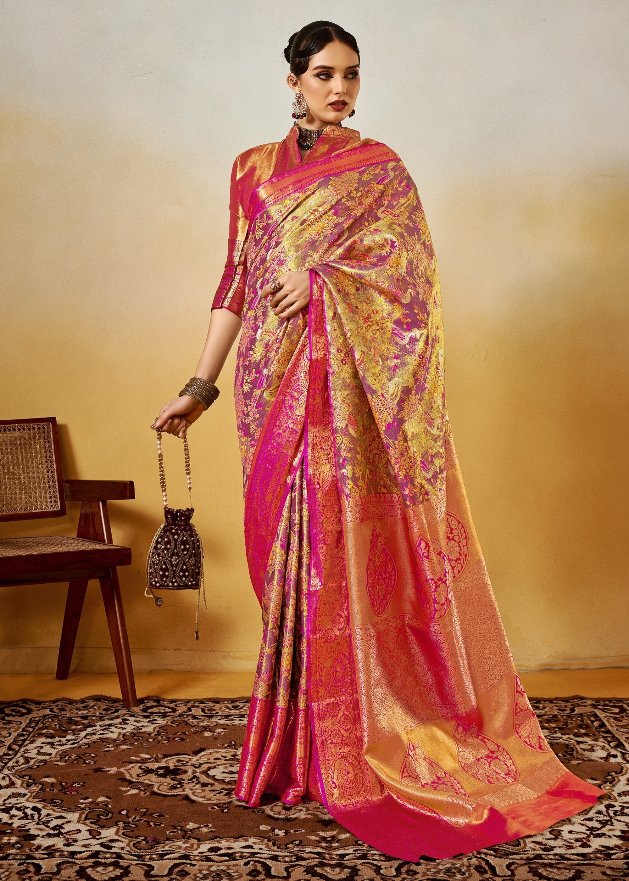 Pink and Orange Handloom Dharamavaram Silk Saree - qivii