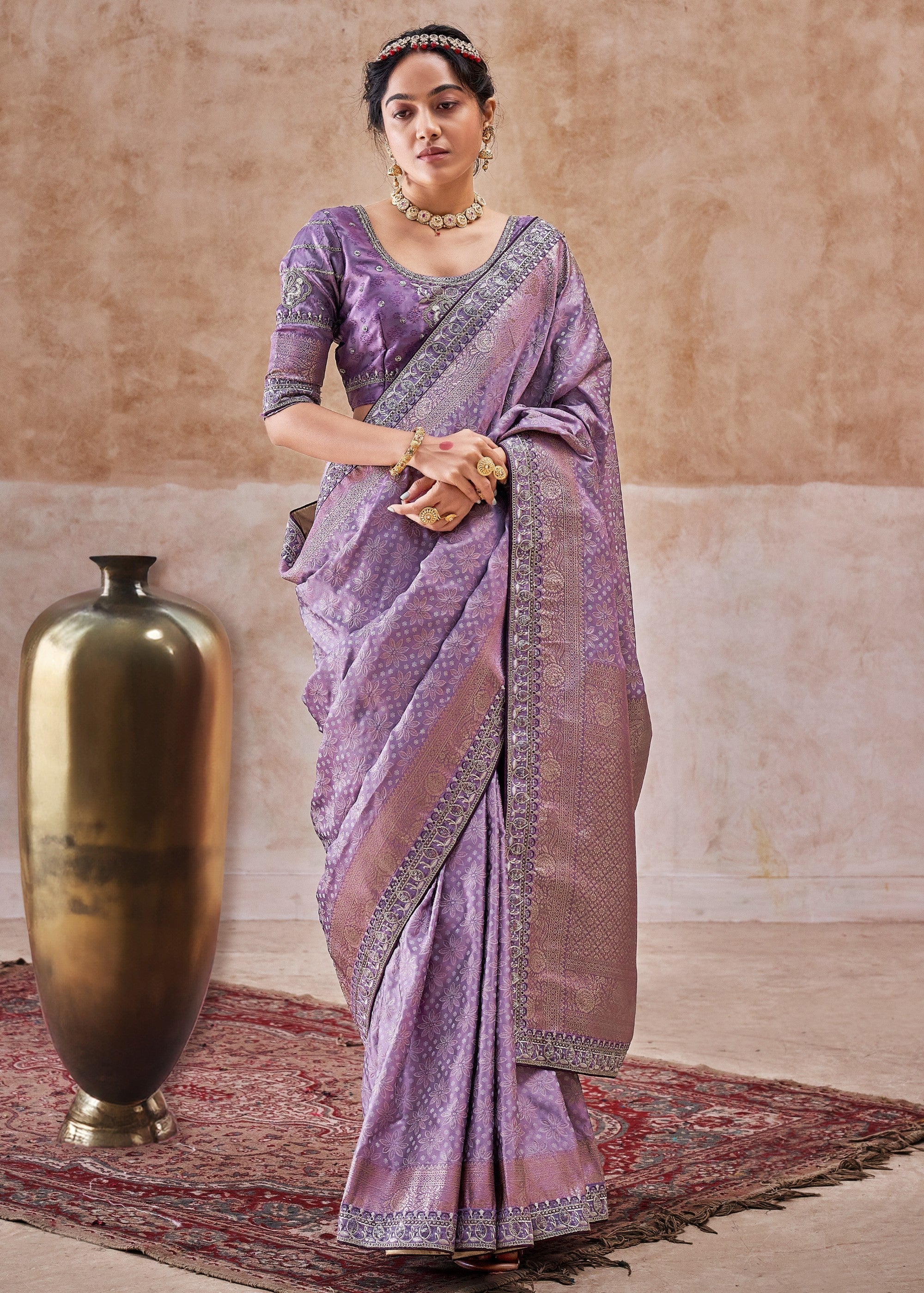 Dark Purple Satin Silk Saree With Heavy Embroidery Lace & Blouse - qivii