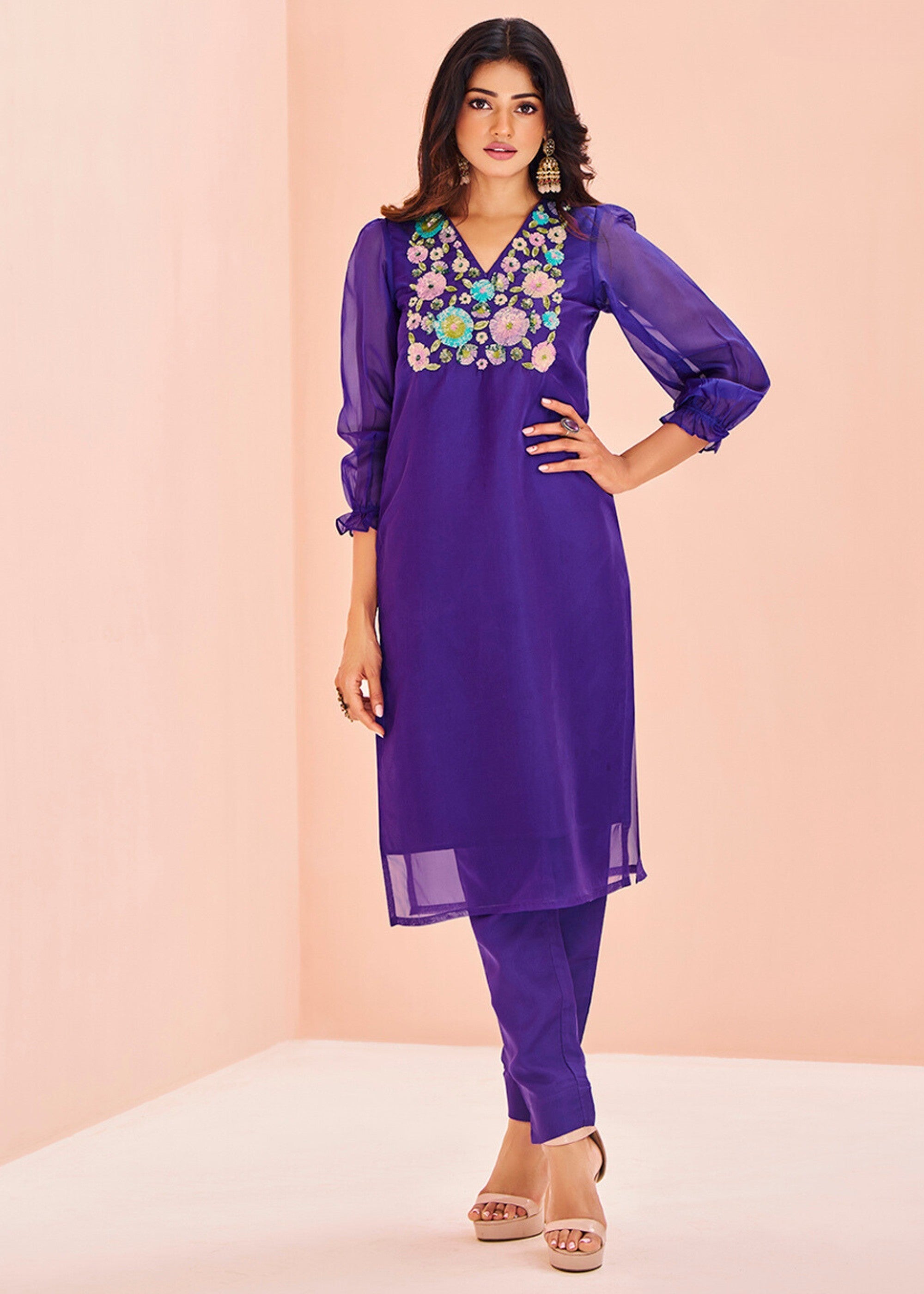 Vibrant Purple Organza Handwork Kurta with Pant - qivii