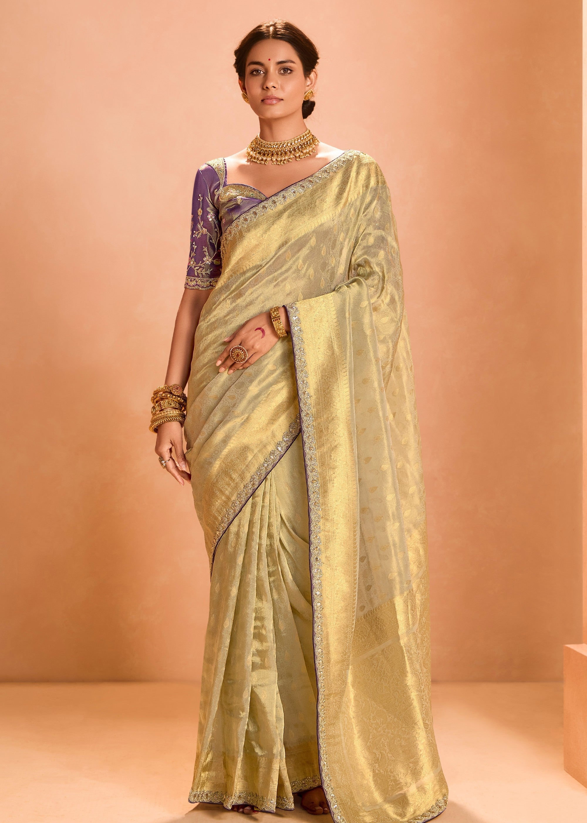 Golden Zari Tissue Silk Saree With Weaving Work And Heavy Embroidery Lace - qivii