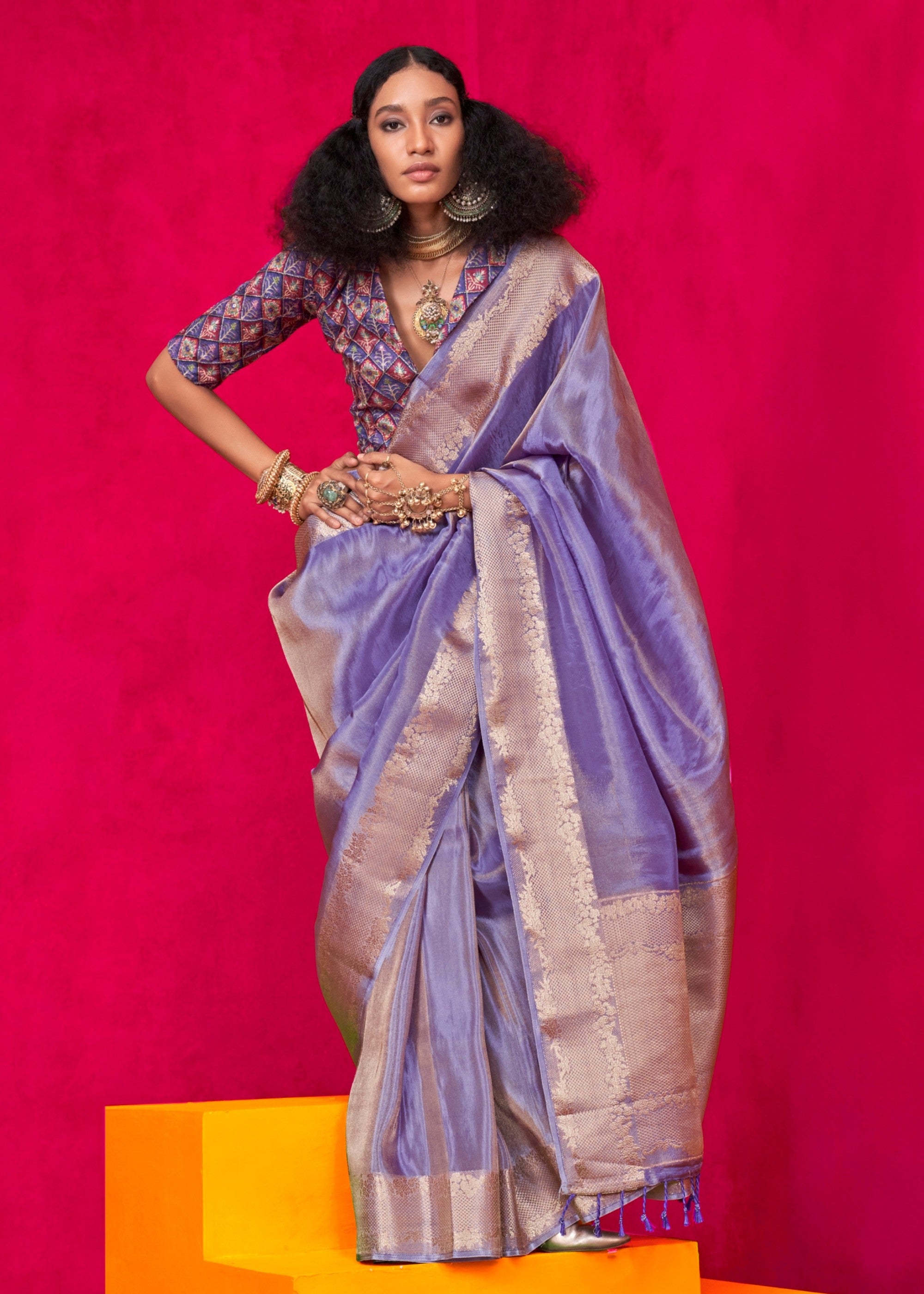 Amethyst Purple Zari Tissue Silk Saree With Weaving Border - qivii