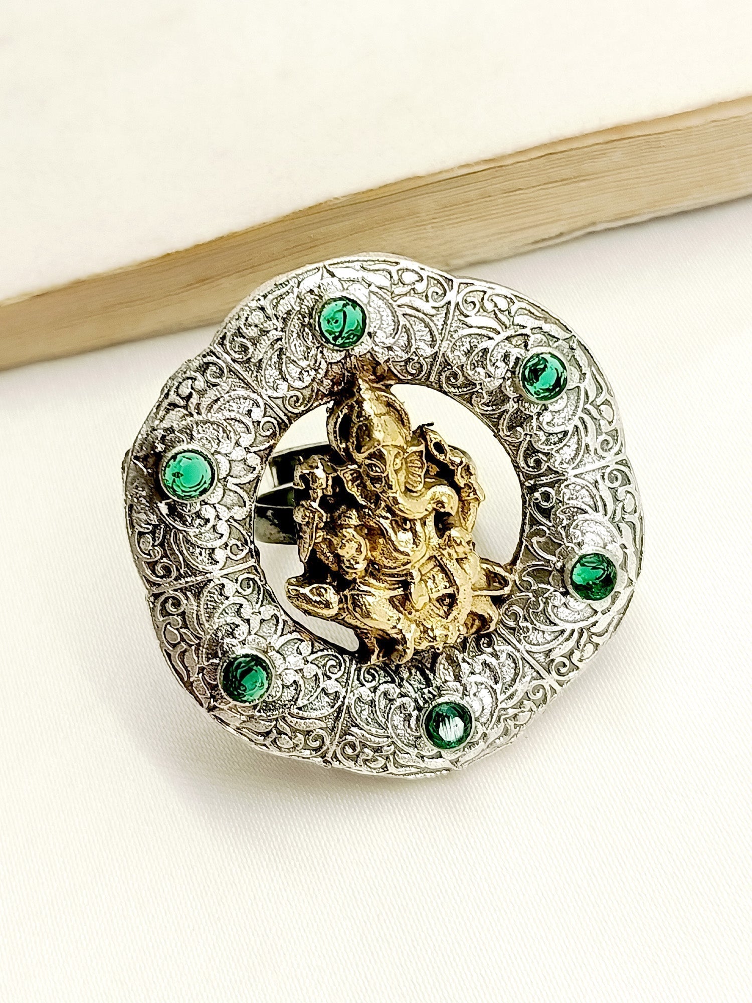 Lavika Green Ganesh Ji Oxidized Finger Ring - qivii