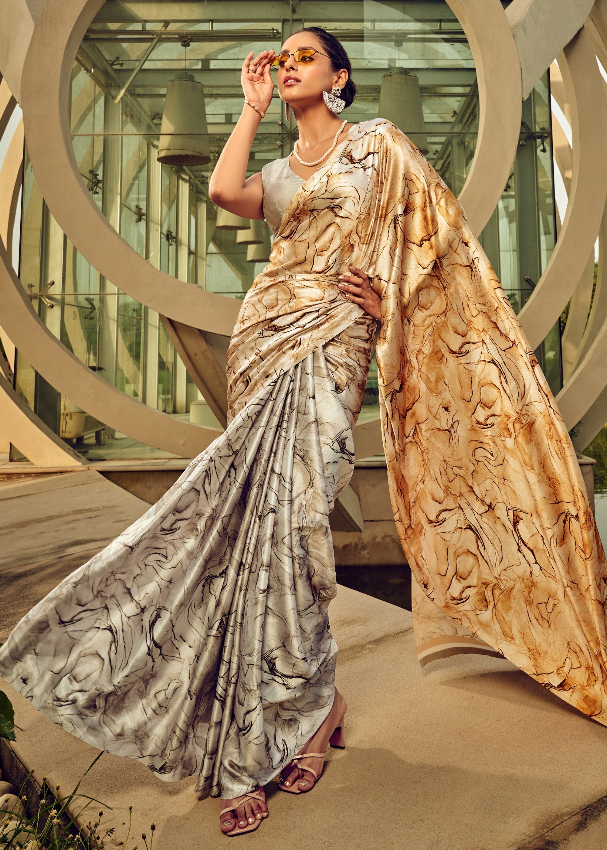 Off-White Satin Digital Printed Saree - qivii