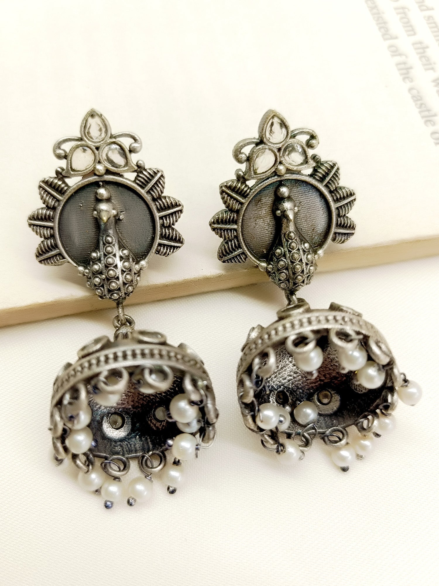 Tulsi White Peacock Oxidized Jhumki - qivii