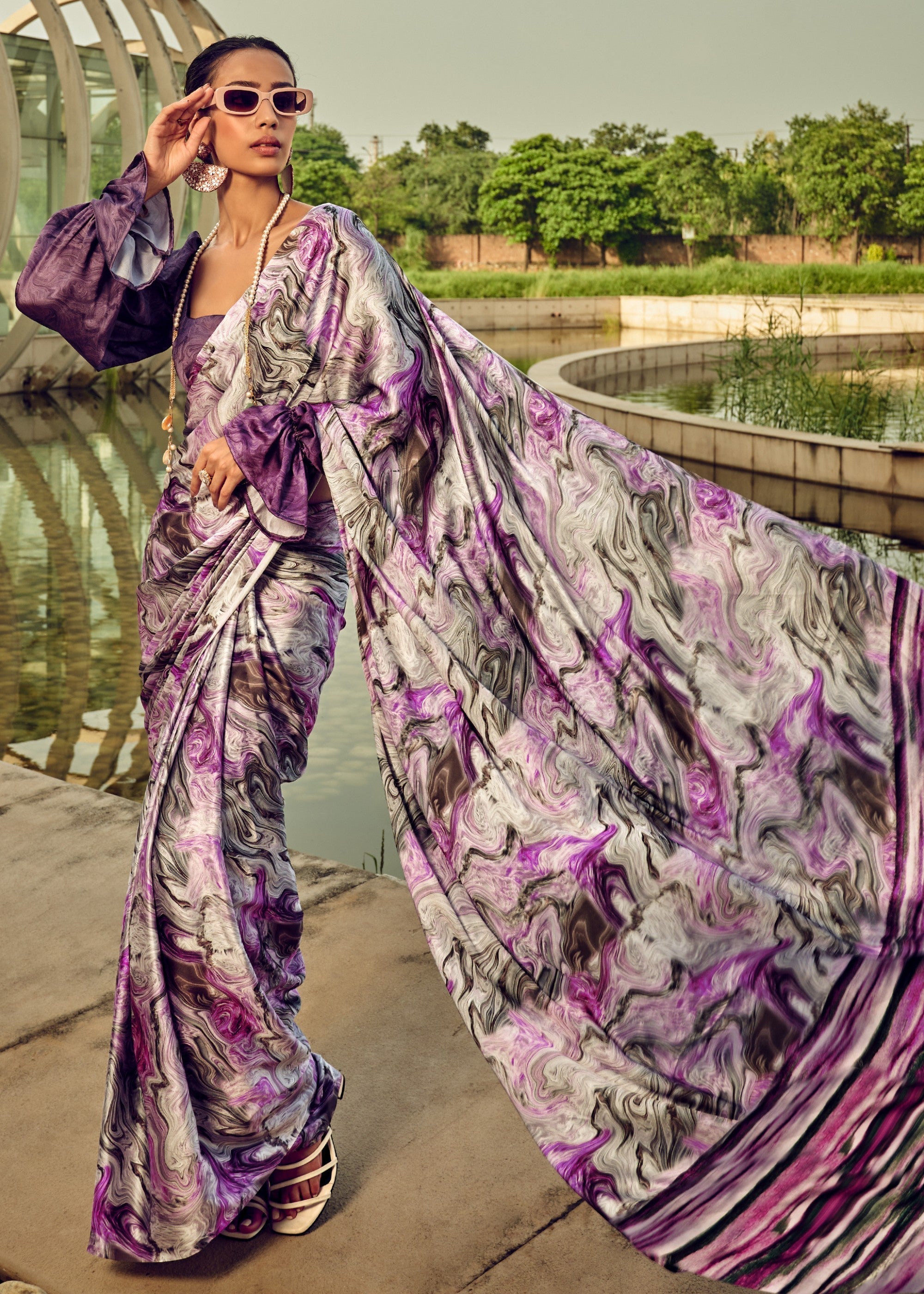 Purple Satin Digital Printed Saree - qivii