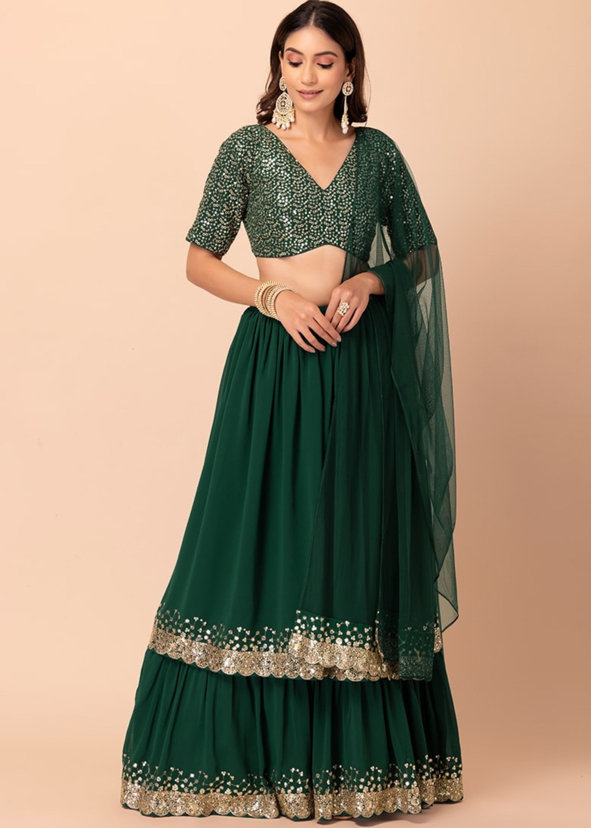 Hunter Green Georgette Lehenga Choli With Sequins And Thread Embroidery Work | Ready To Wear - qivii