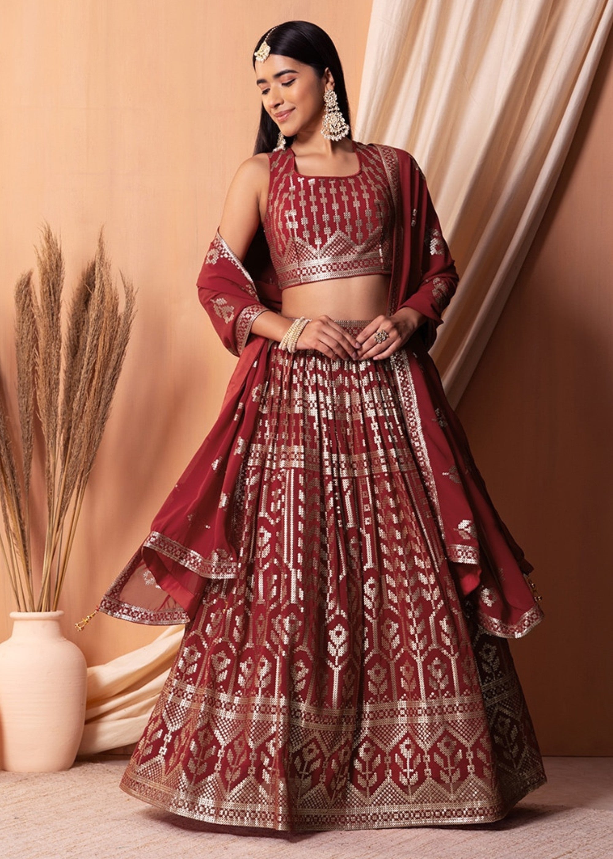 Maroon Red Georgette Lehenga Choli With Sequins And Thread Embroidery Work | Ready To Wear - qivii