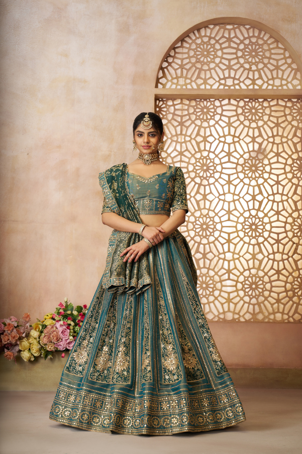 Regal Green Tissue Base Bridal Lehenga with Banarasi Patches and Zari Work - qivii