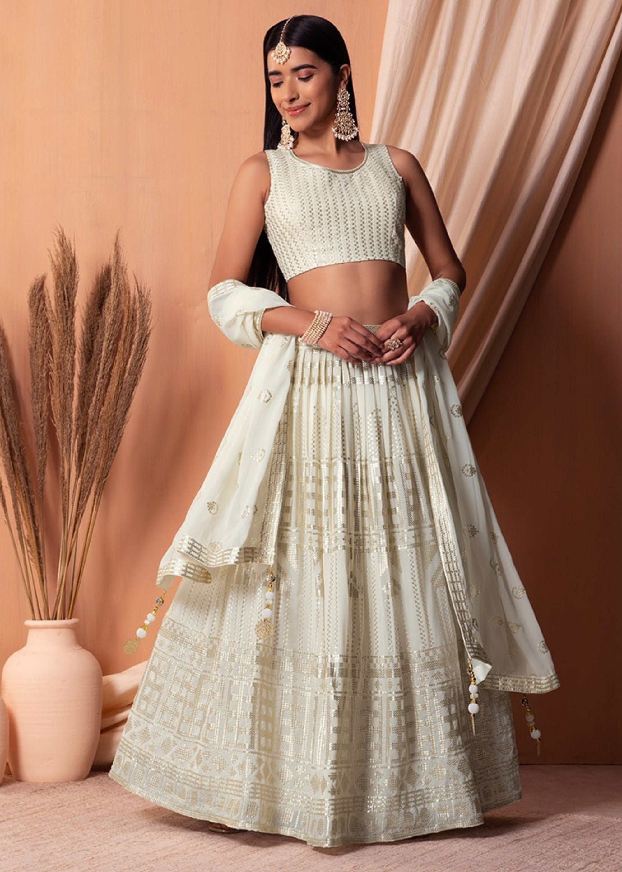 Off White Georgette Lehenga Choli With Sequins And Thread Embroidery Work | Ready To Wear - qivii