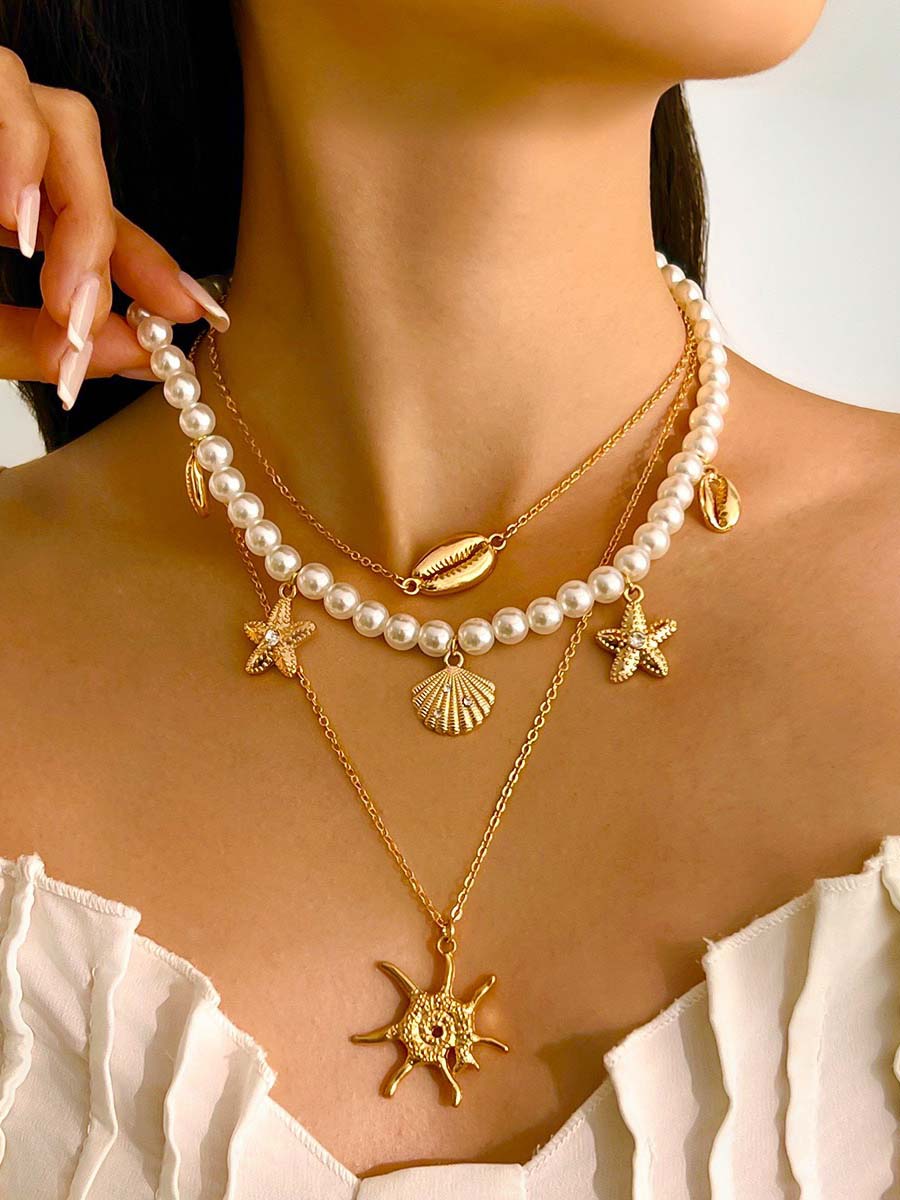Bohemian Imitation Pearl Holiday Style Retro Starfish Shell Pendant Necklace Set - By Qivii