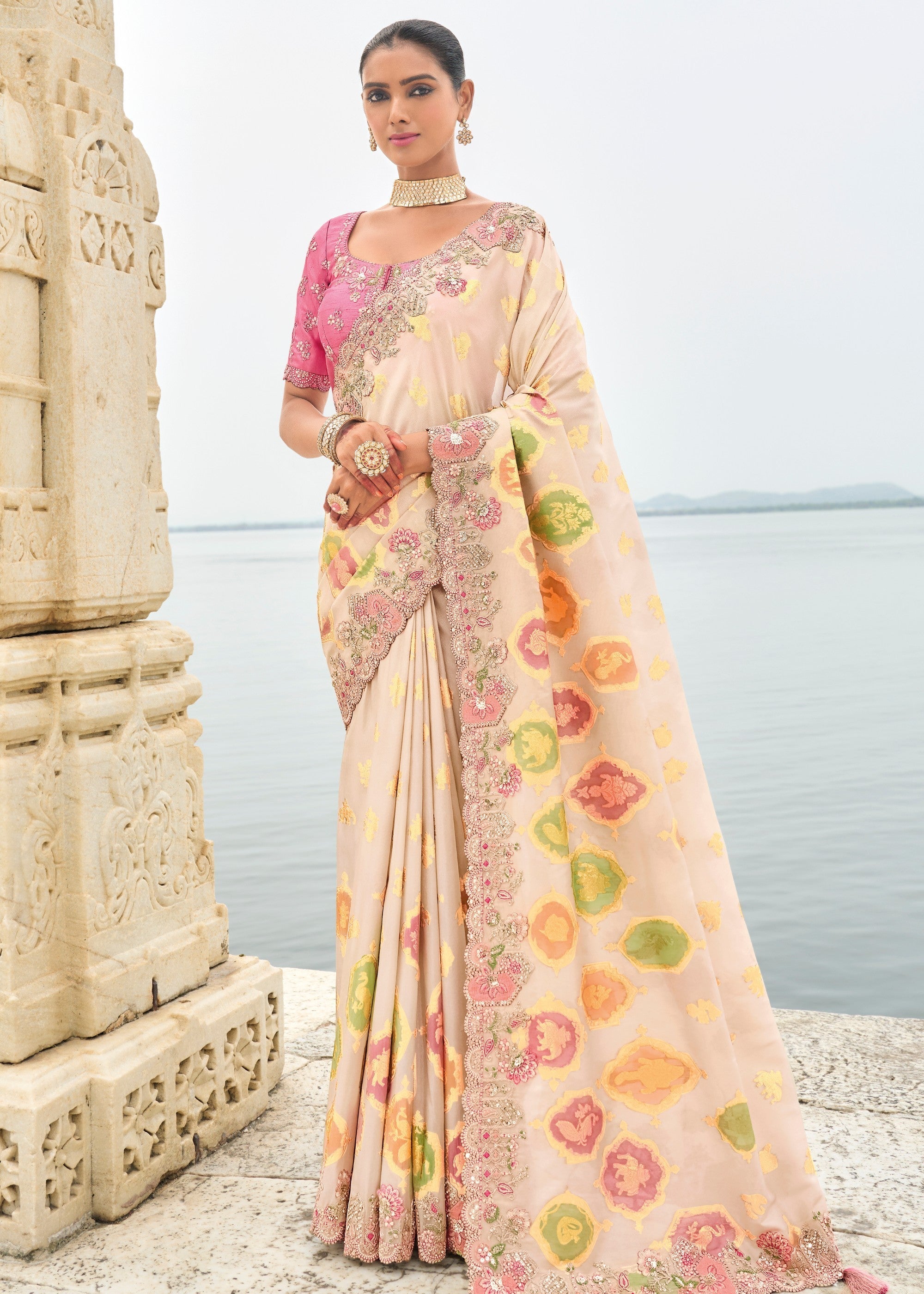 Off White Viscose Tissue Silk Saree With Embroidery Cut Work Border And Sequence Work - qivii