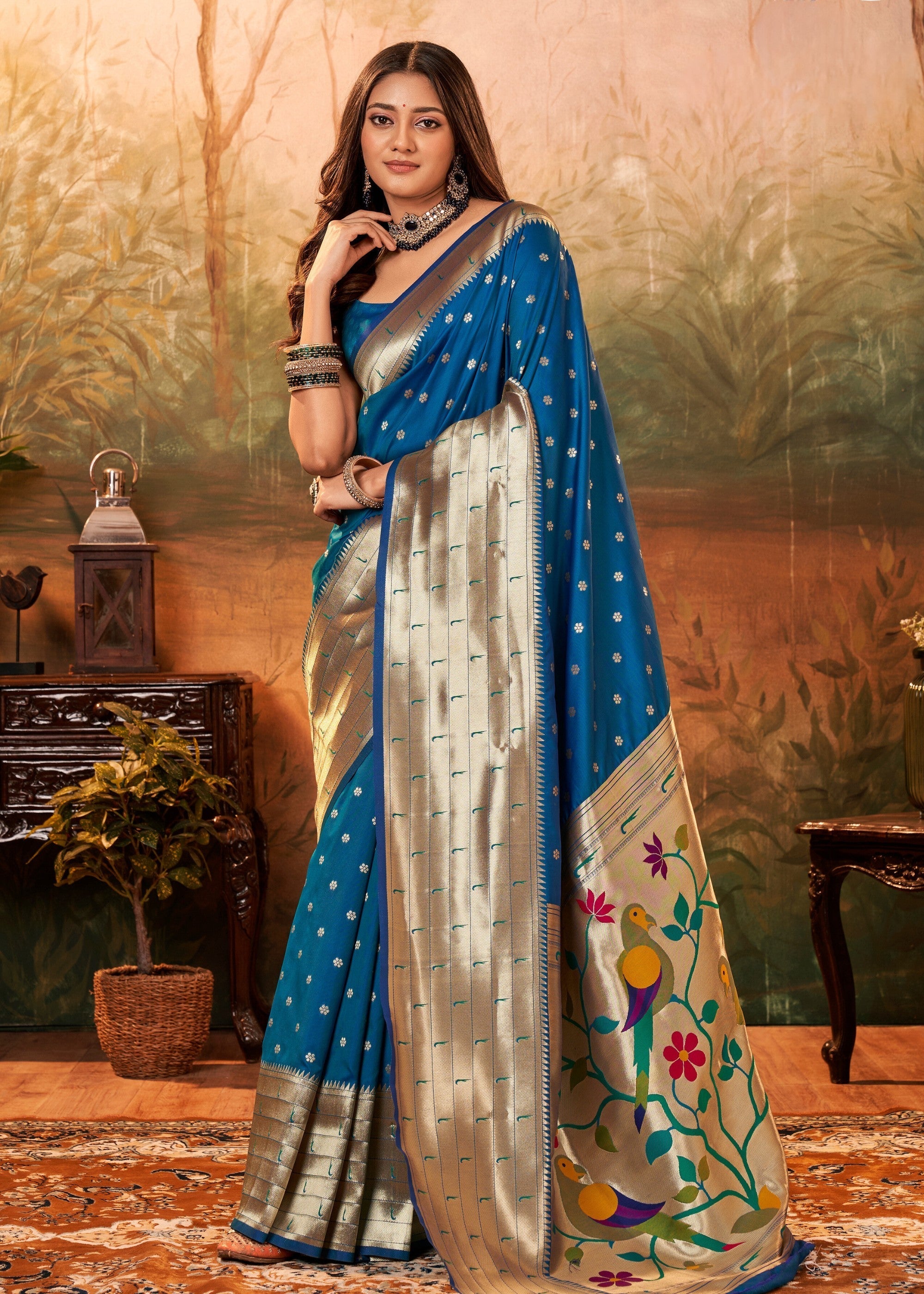 Dark Blue Paithani Silk Saree With Zari Weaving - qivii