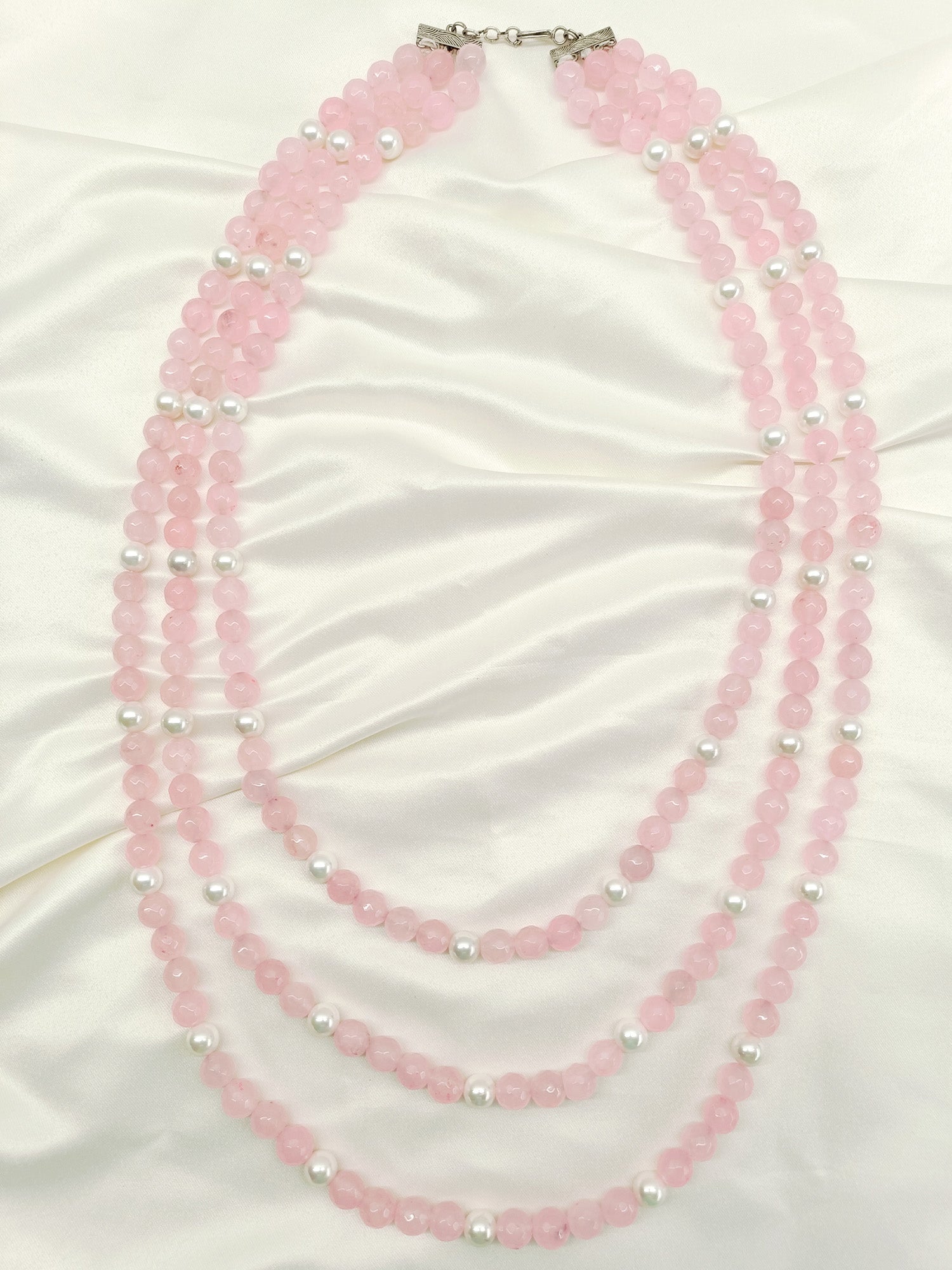 Sreeti Baby Pink Triple Layerd Beads Neckpiece - qivii