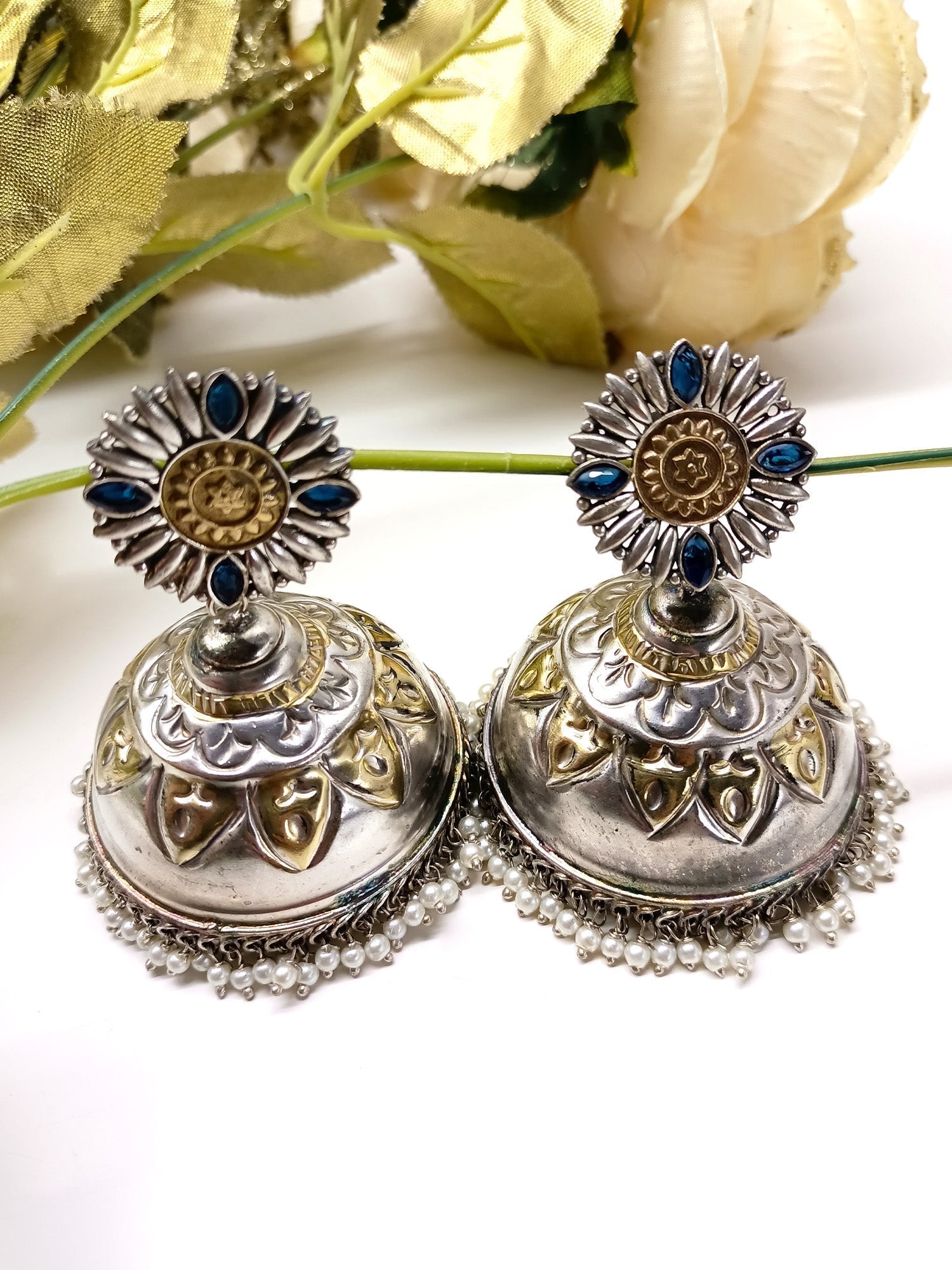 Maria Navy Blue Oxidized Jhumki - qivii