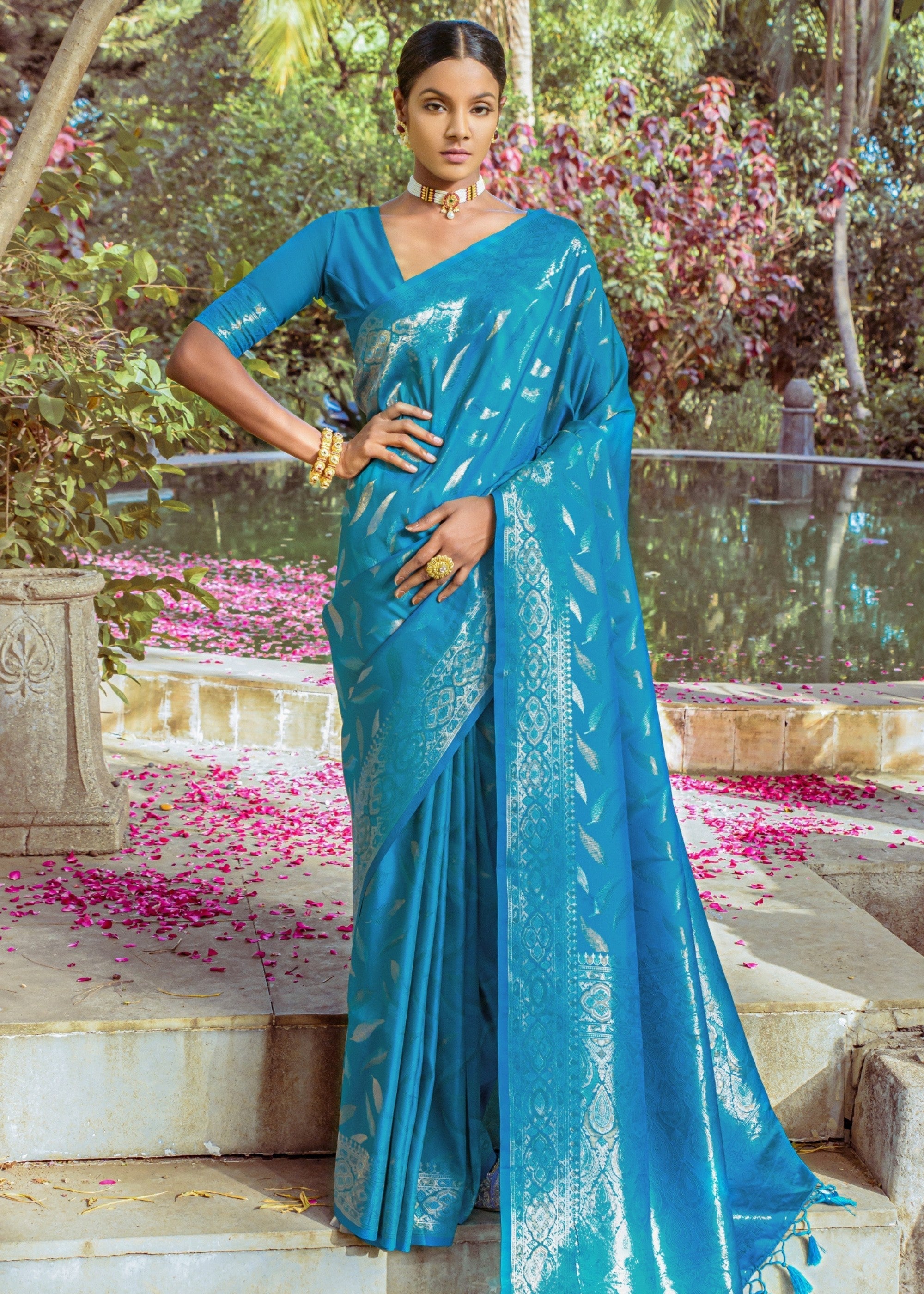 Cerulean Blue Zari Woven Silk Saree - qivii