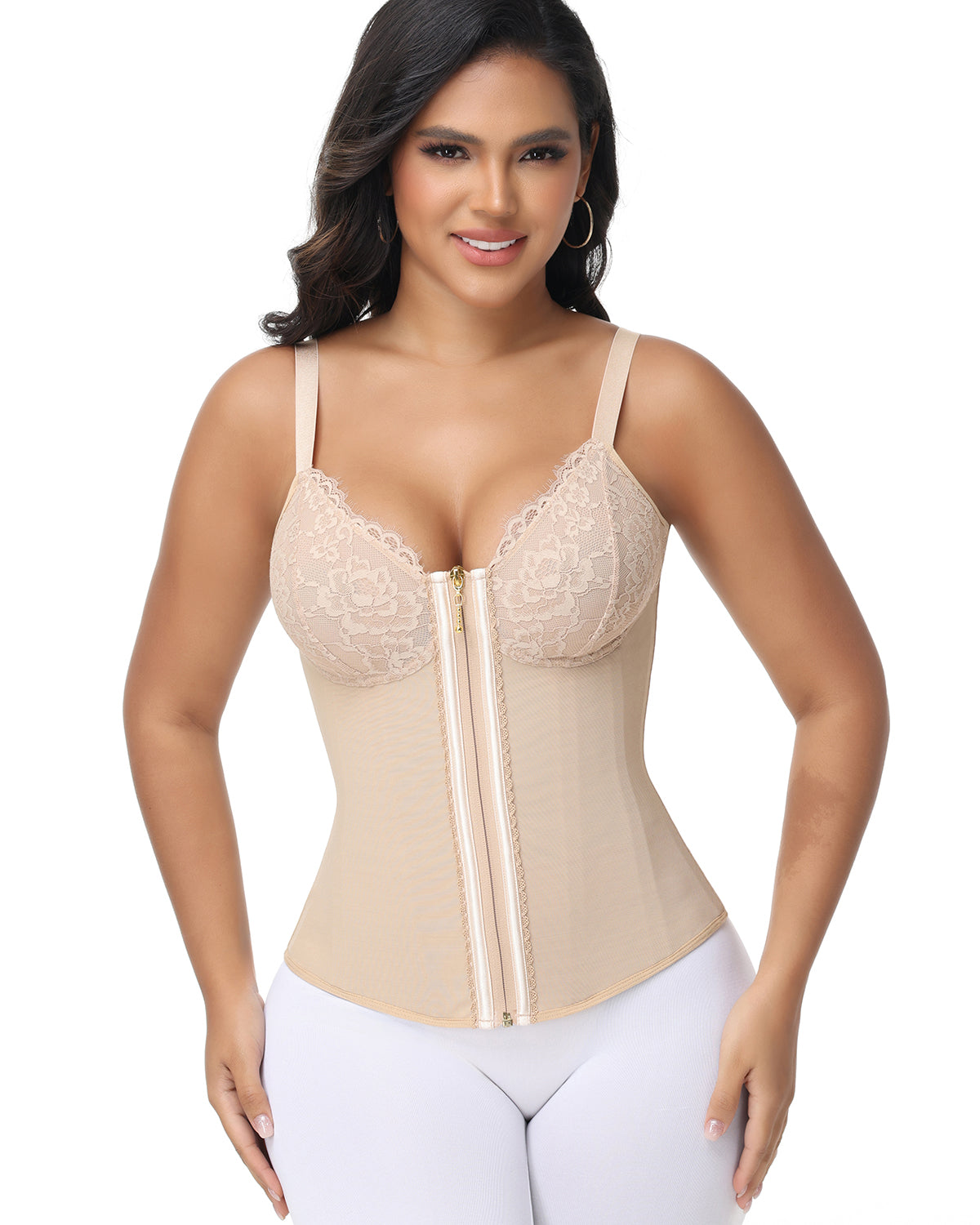 Shapshe® Deep V Lace Corset Top Trimmed Waist Trainer with Front Zipper - By Qivii
