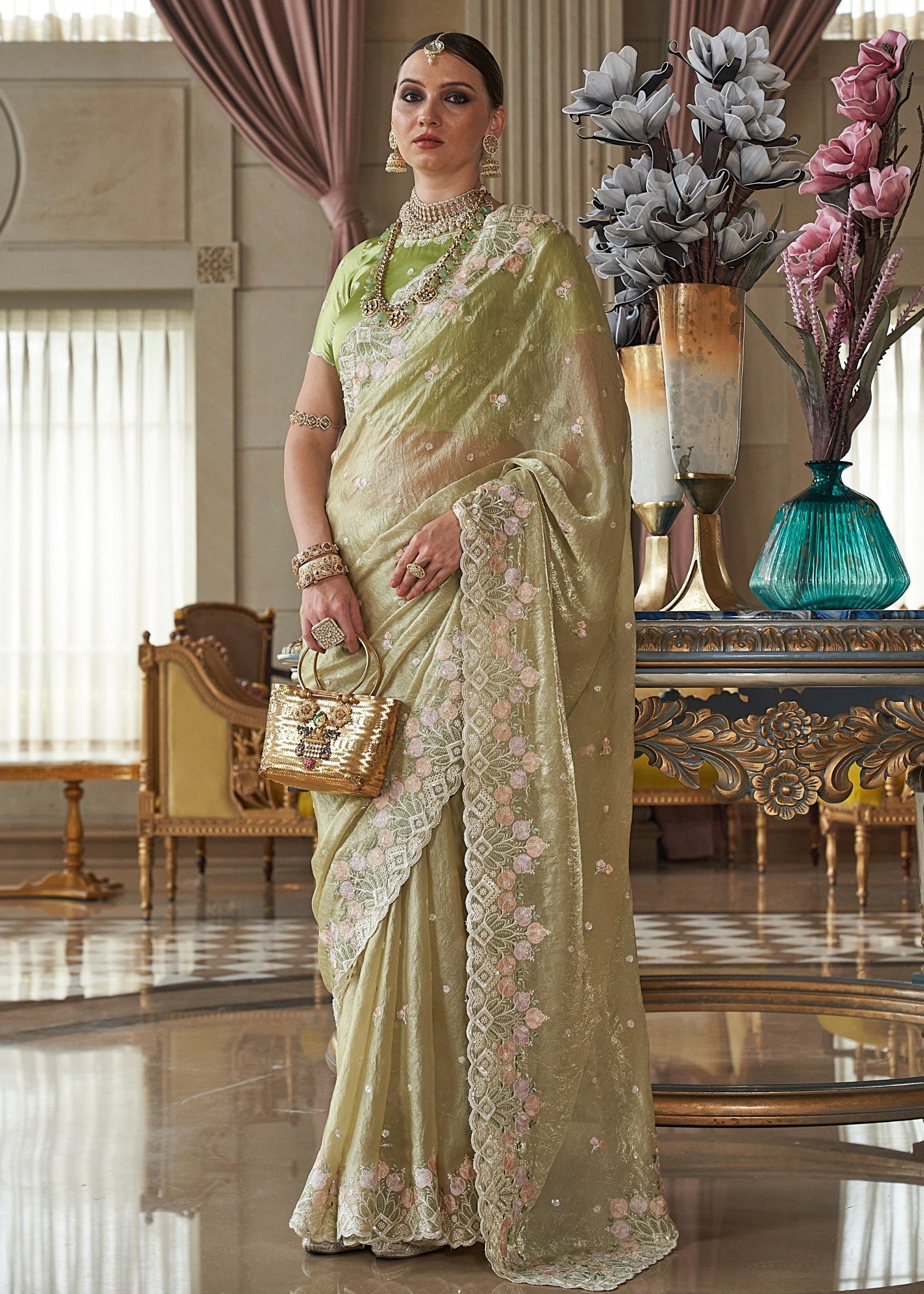 Lime Green Fancy Tissue Saree With Unique Work And Designer Blouse - qivii