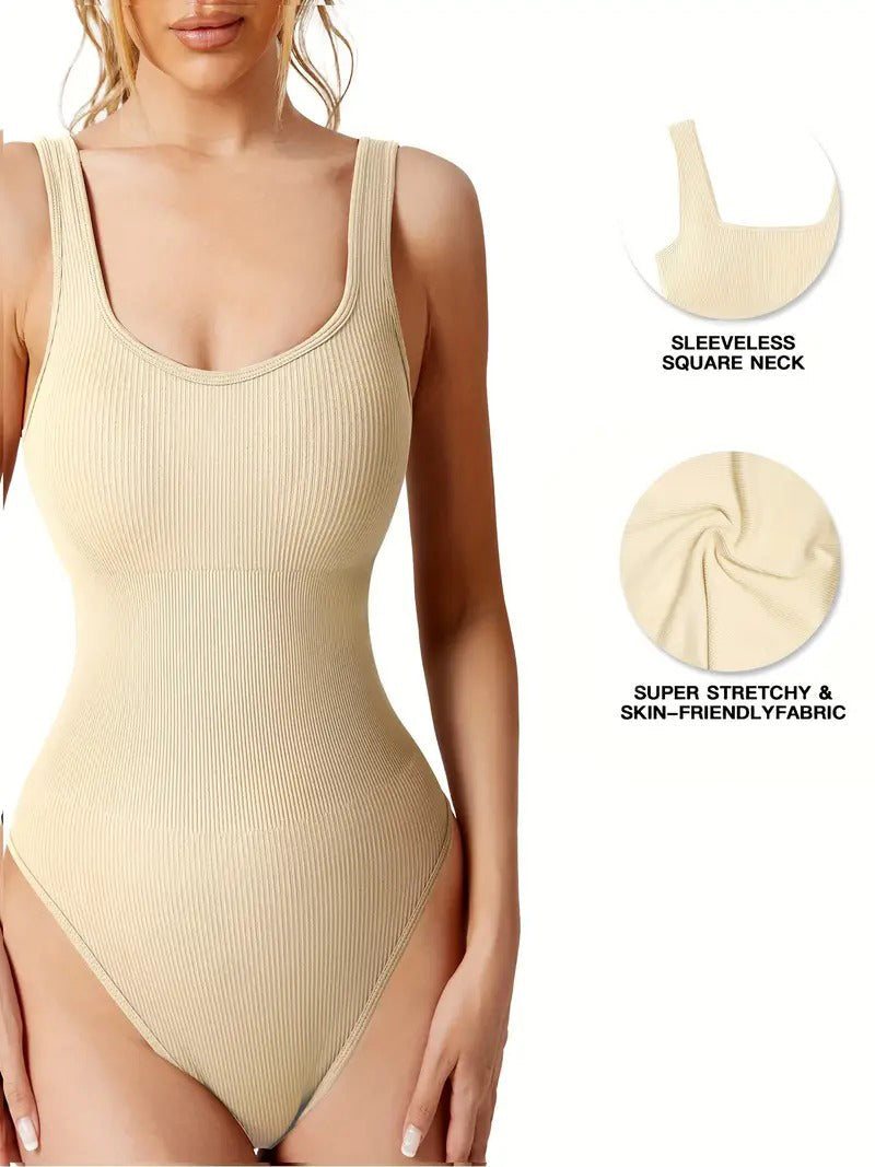 Women's Shapewear Bodysuits Sexy Ribbed Sleeveless Square Neck Tank Tops - By Qivii