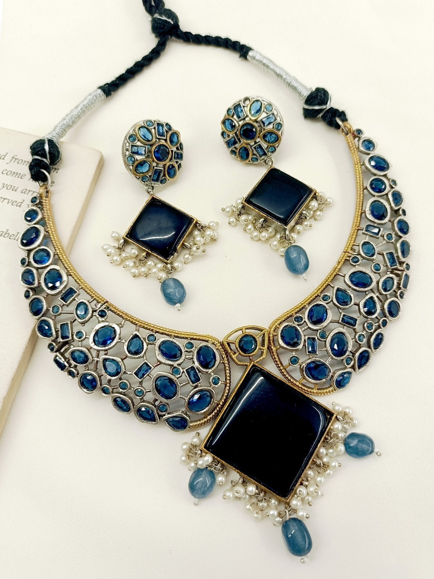 Sarah Navy Blue Oxidized Necklace Set - qivii
