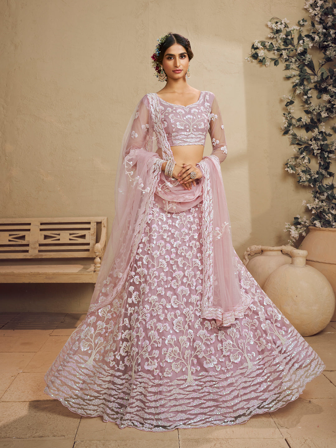 Pink Color Net Fabric Sequins embroidery Lehenga choli & Dupatta - qivii
