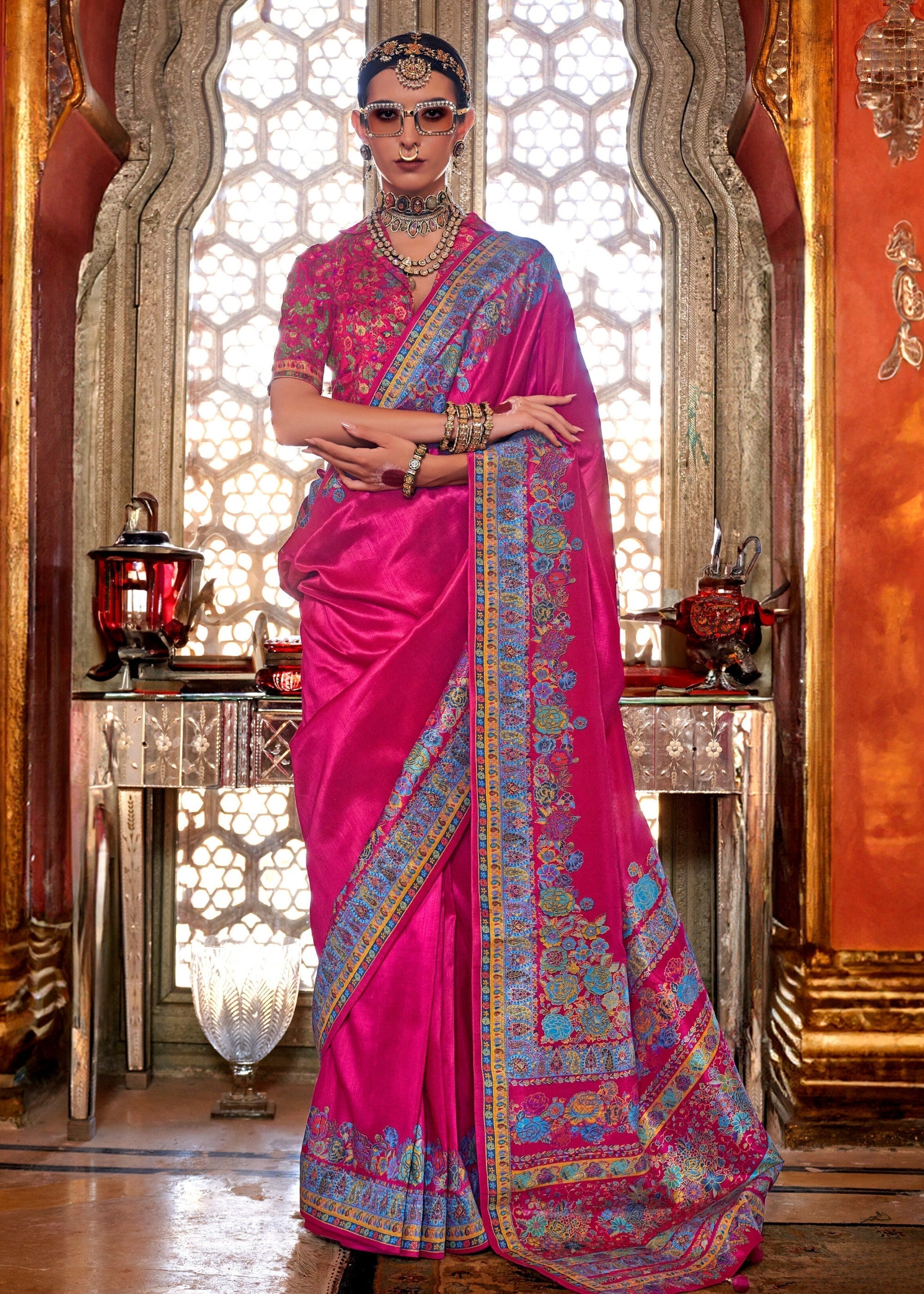 Fuchsia Pink Silk Saree With Luxury Print And Glory Finish - qivii