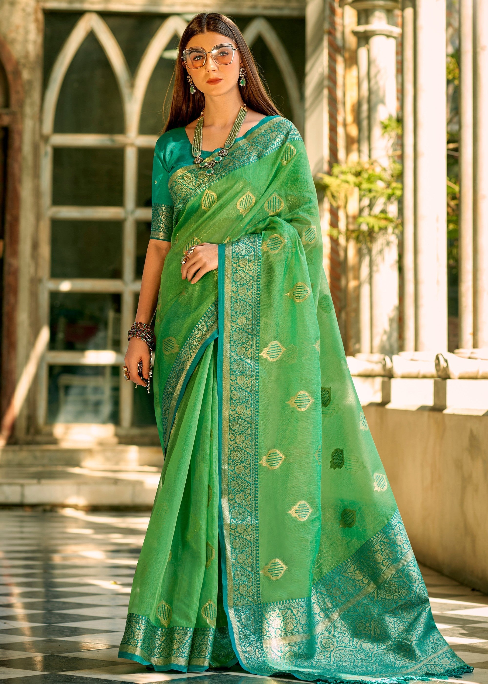 Dark Pastel Green Soft Tissue Silk Saree With Contrast Border - qivii