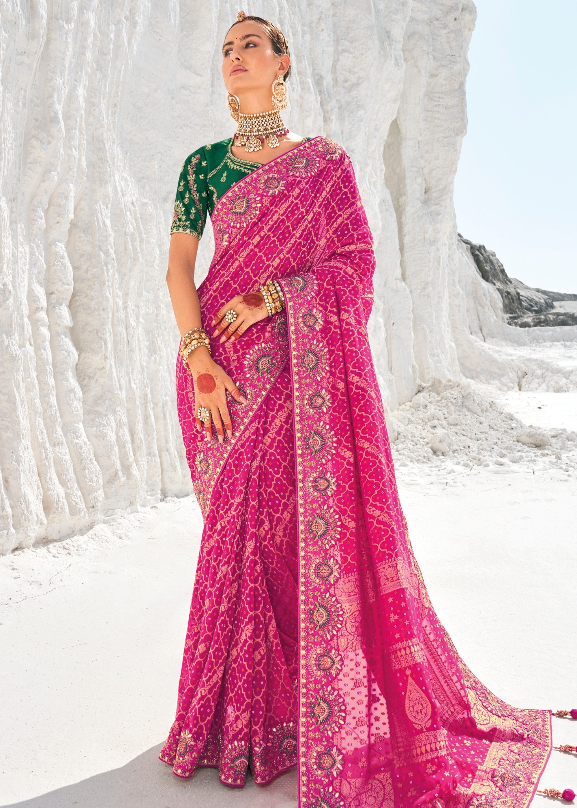 Wild Berry Pink Pure Georgette Bandhani Patola With Zari Weaving Heavy Work Saree - qivii