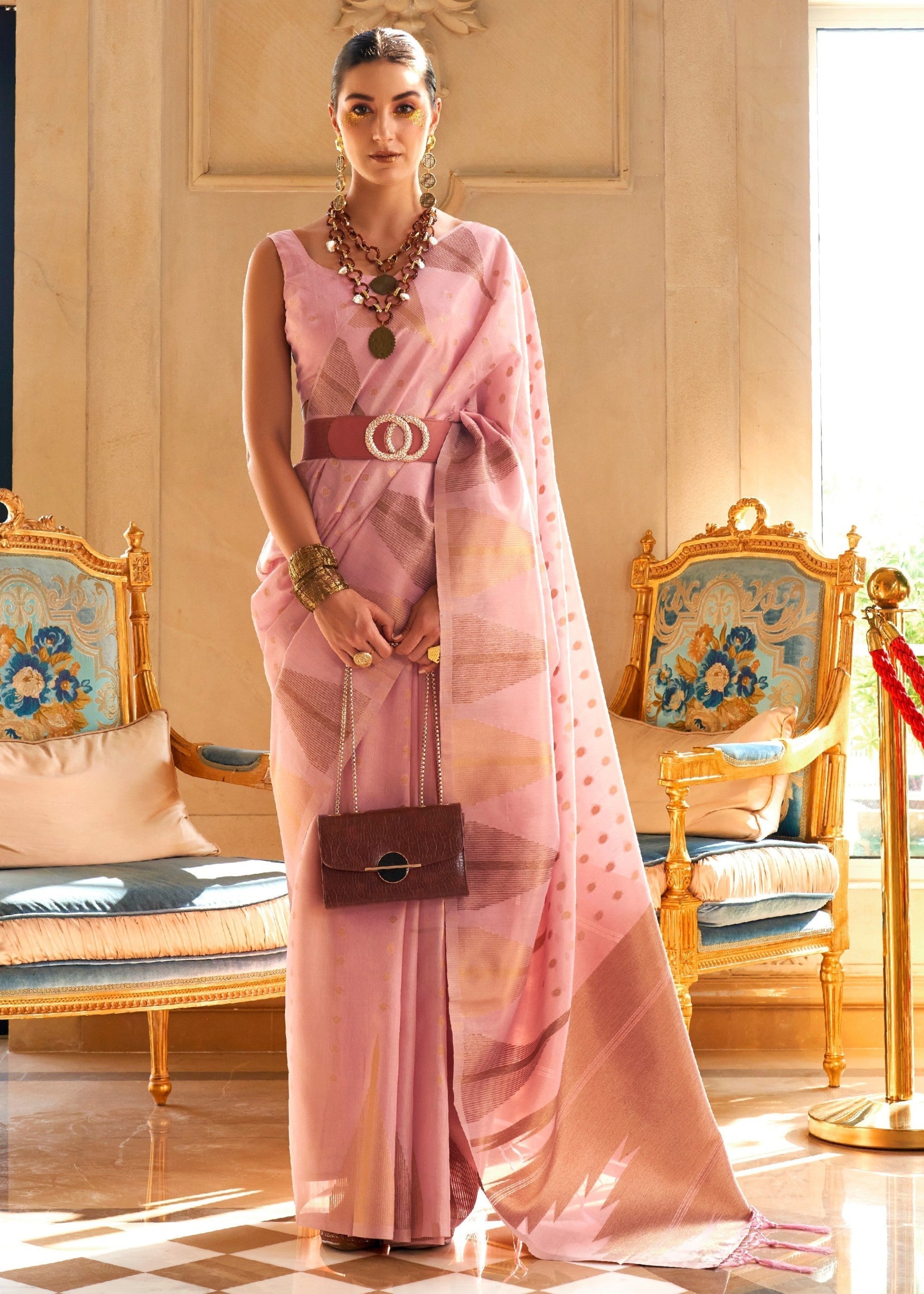 Carnation Pink Tissue and Khicha Zari Handloom Weaving Silk Saree - qivii