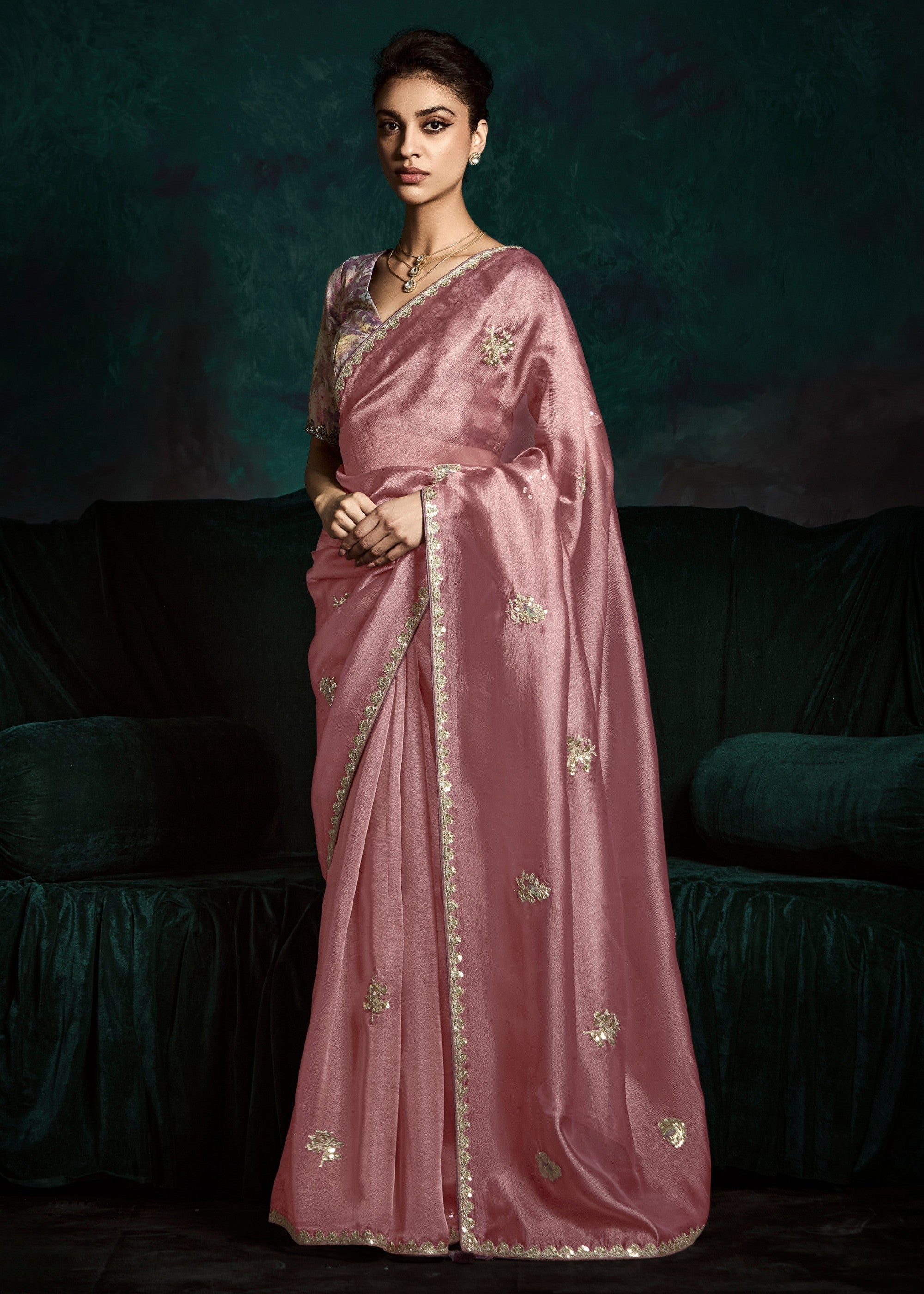 Pretty Pink Fancy Fabric Silk Saree With Sequins And Thread Embroidered Butti Work - qivii