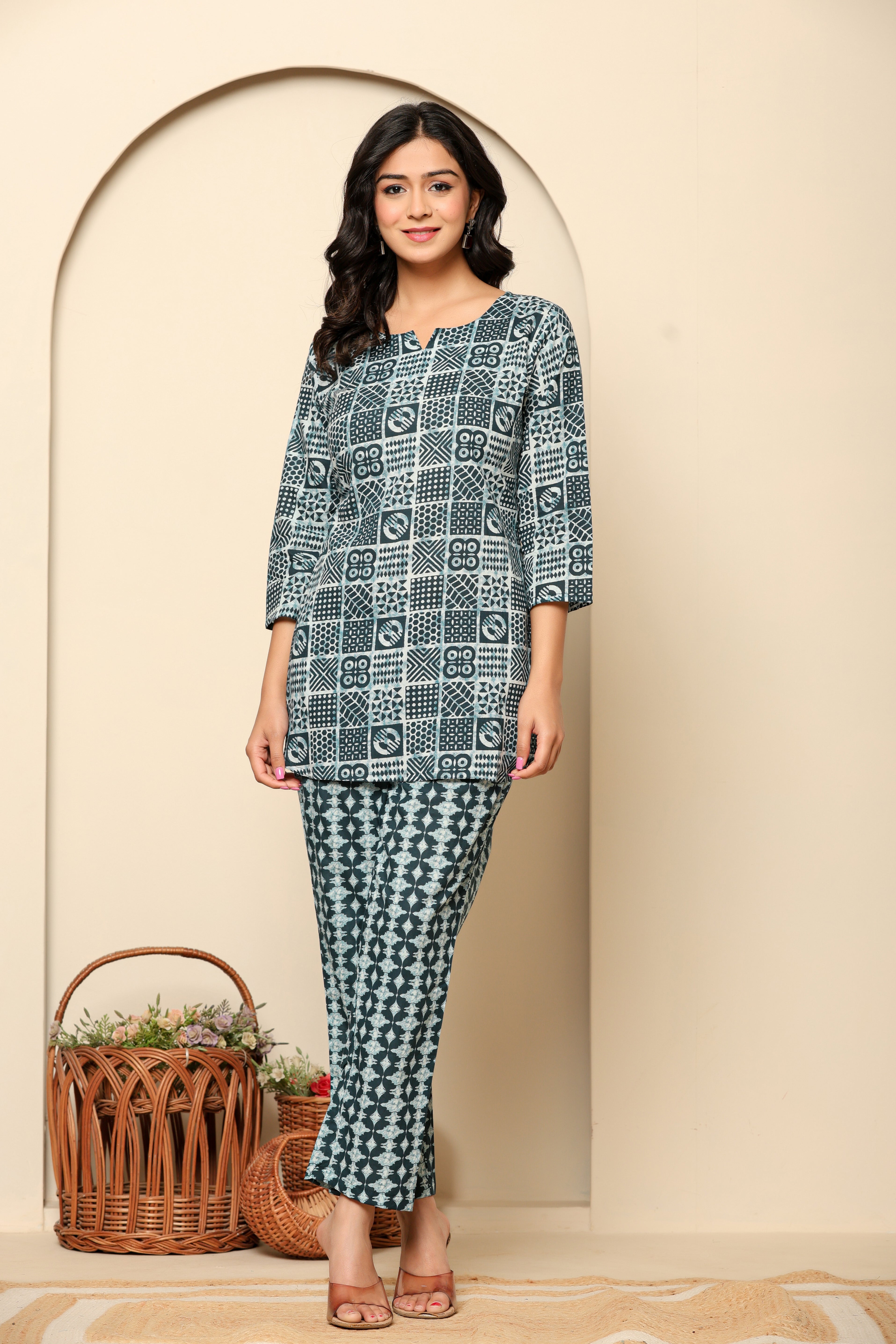 Blue Printed Cotton Coord Set - qivii