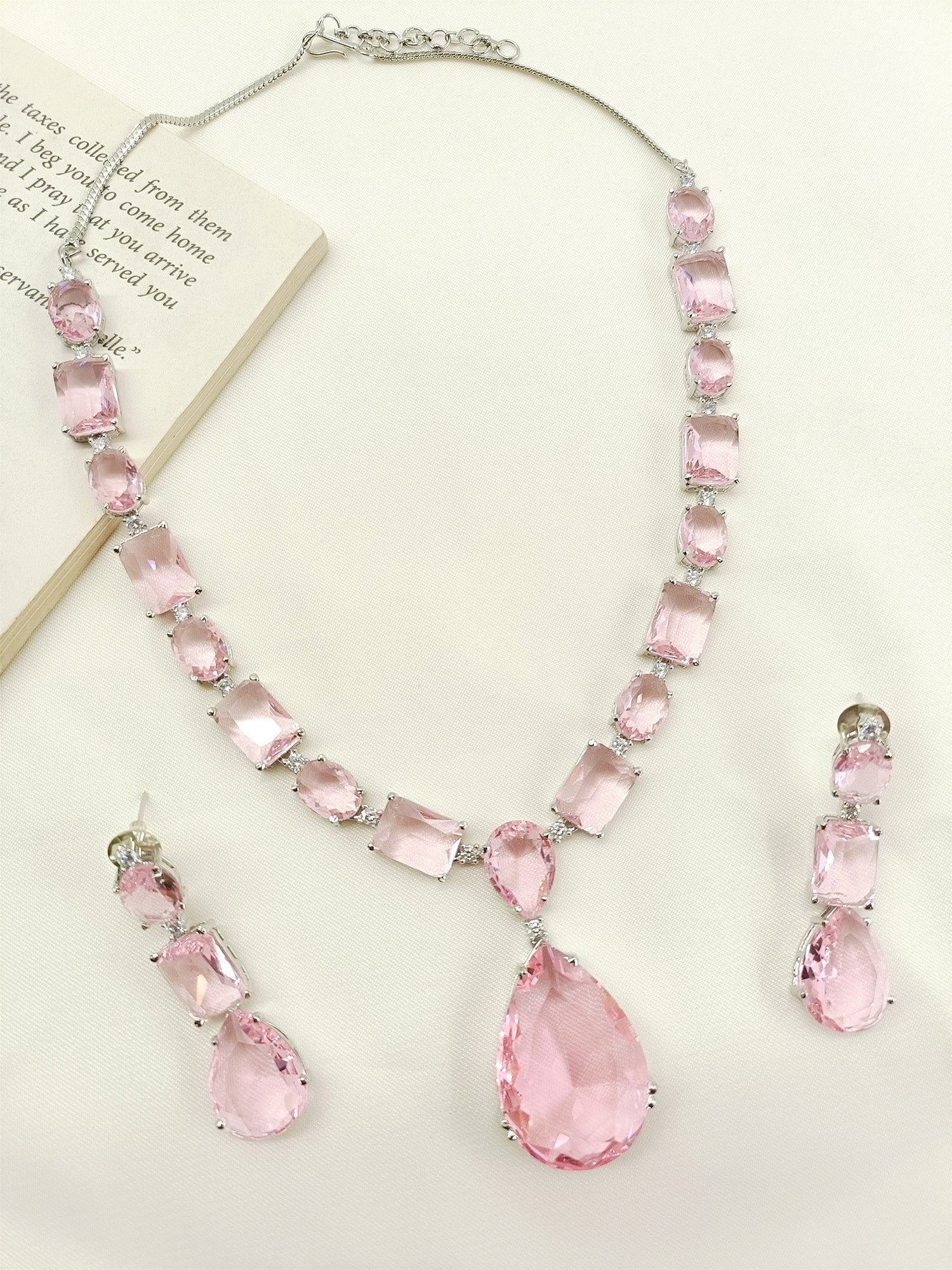 Adelina Pink Swarovski Stone Necklace Set crafted with elegant Swarovski stones and silver plated brass metal