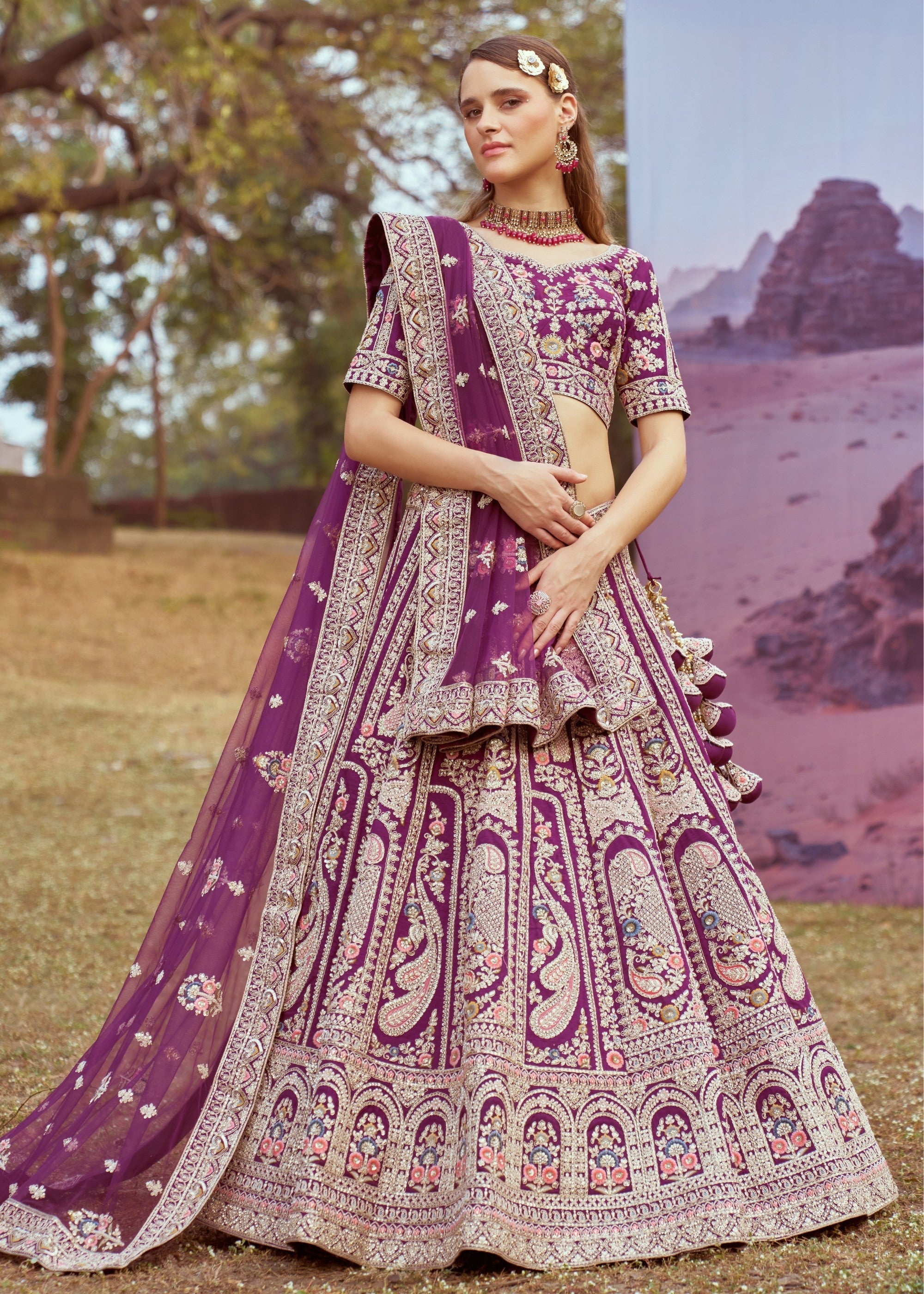 Dark Purple Pure silk Moti, Coding embroidery Bridal Lehenga | Ready To Wear - qivii