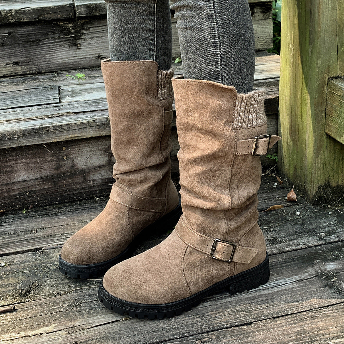 Women’s RanchWrap Buckle Mid-Calf Suede Boots – Knit Cuff Western-Style Slouchy Shoes (US 5–10.5)