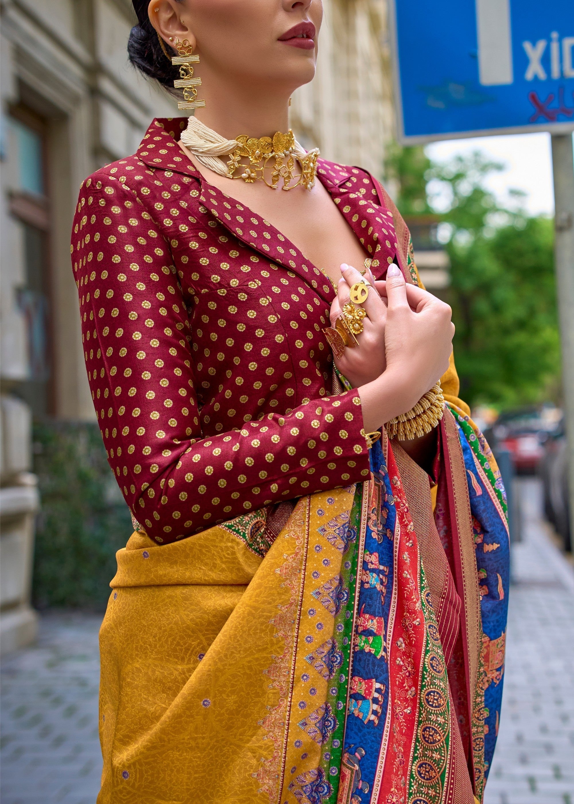Amber Yellow Poly Viscose Silk Saree With Foil Print - qivii