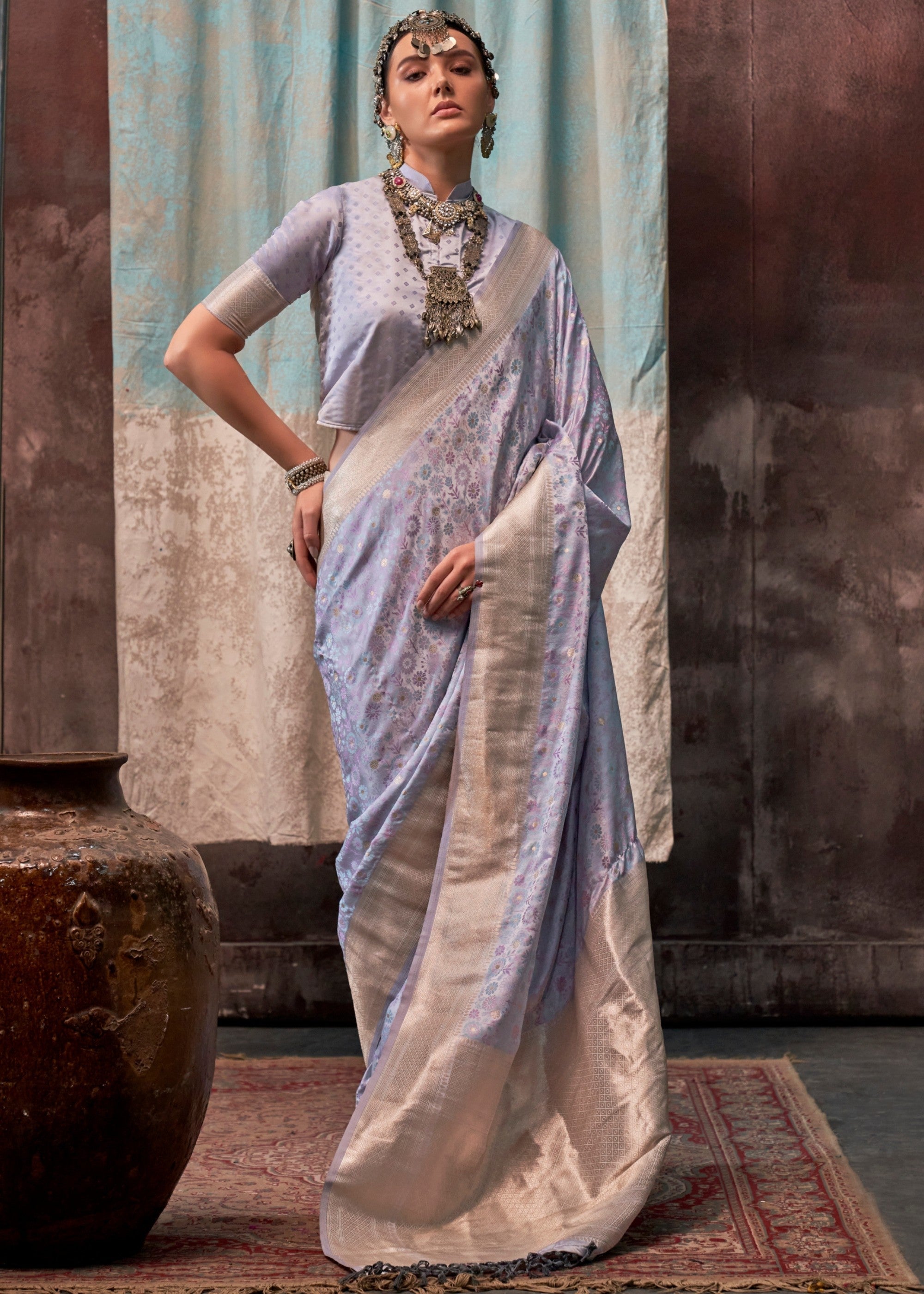 Sky Blue Pure Satin Handloom Weaving Silk Sarees - qivii