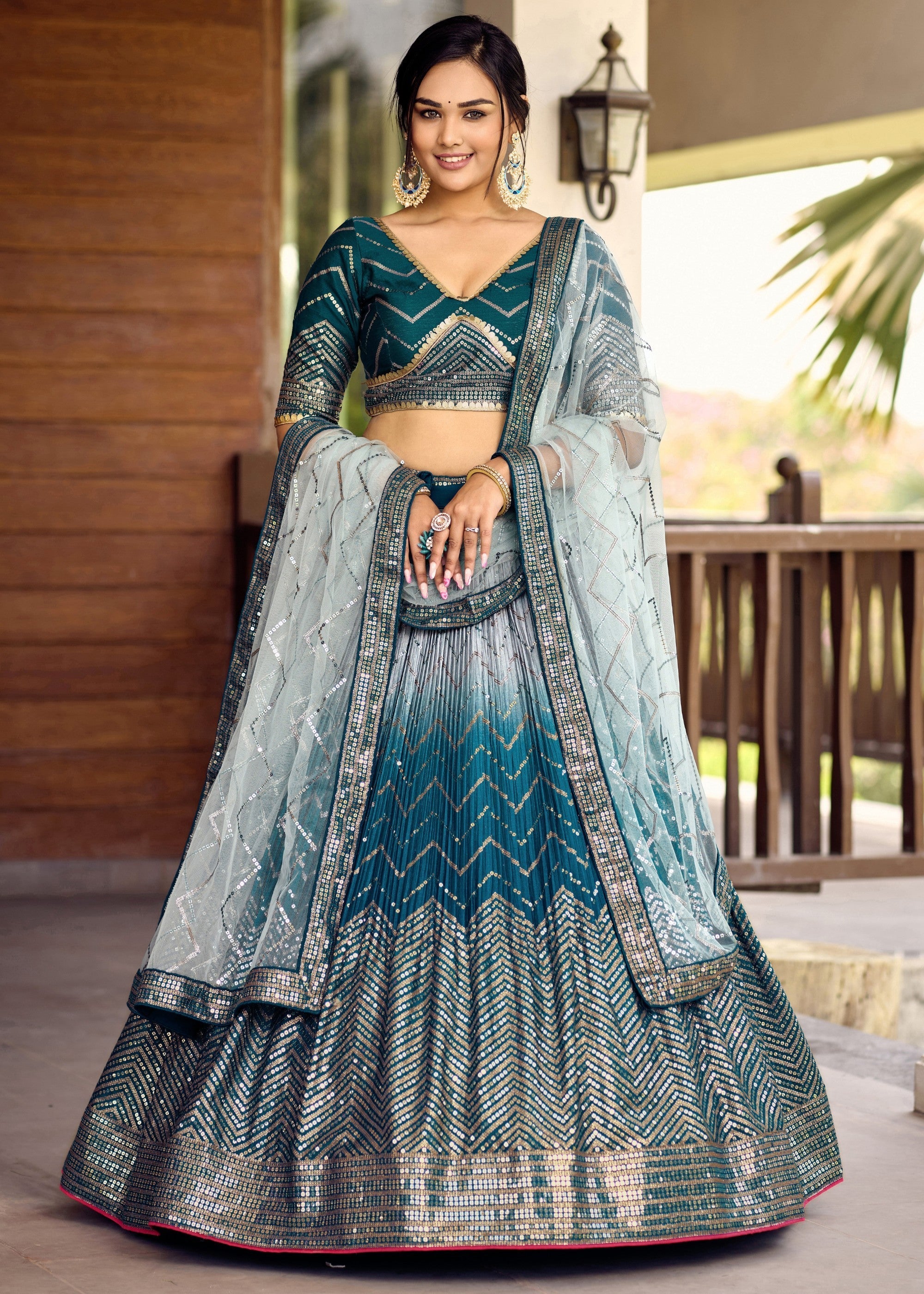 Turquoise Blue Chinon Silk Lehenga With Sequence and Thread Embroidery Work | Ready To Wear - qivii