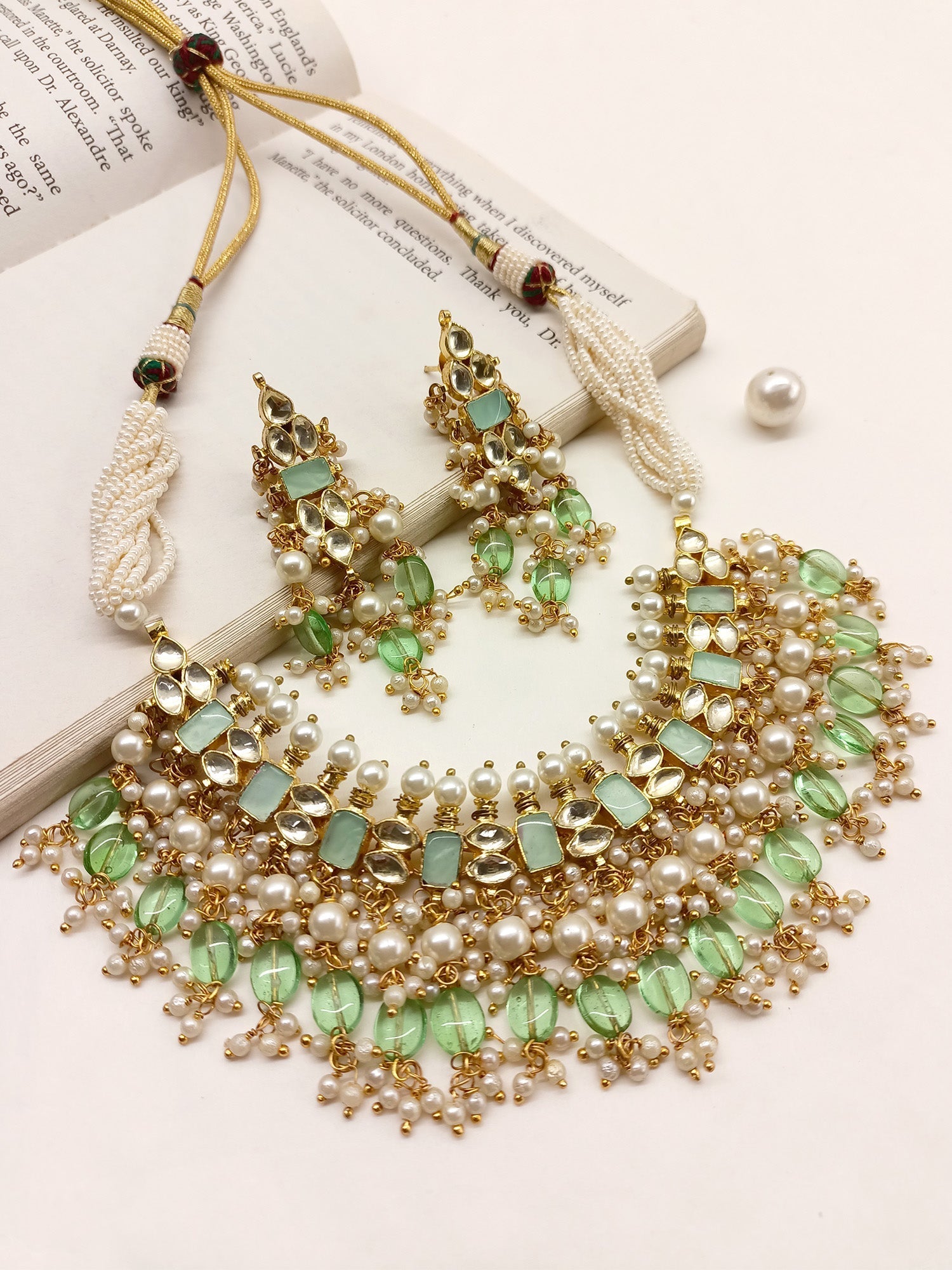 Charbagh Light Green Kundan Necklace Set - qivii