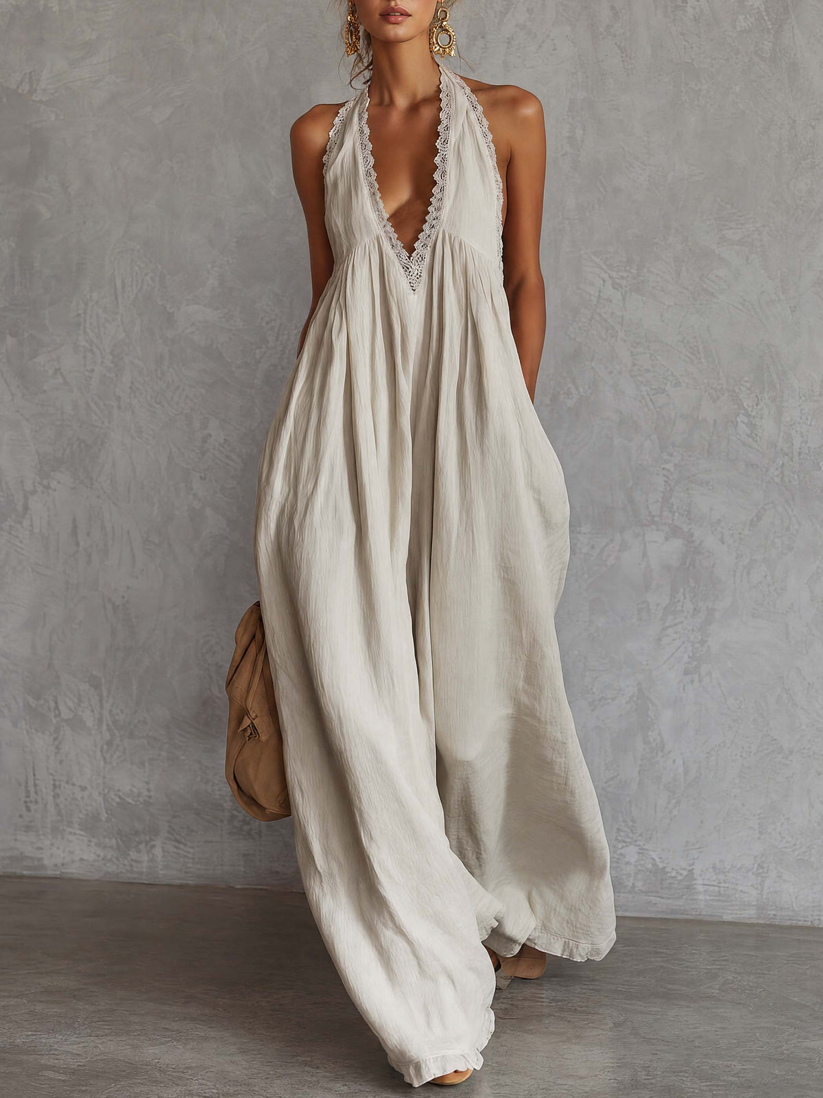 Off-white bohemian V-neck sleeveless maxi dress with lace trim, casual urban style, by Oyrosy Clothing.