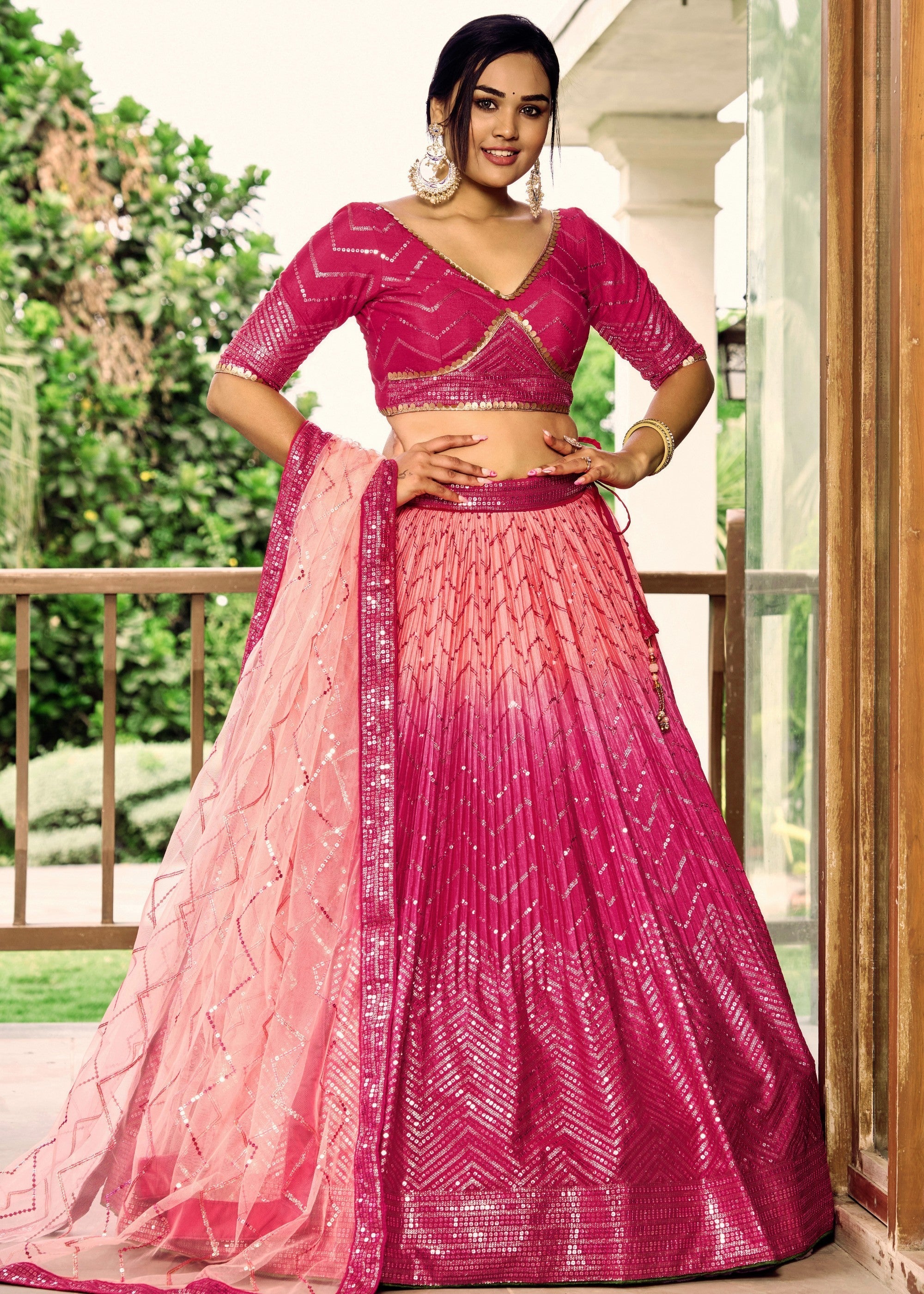 Hot Pink Chinon Silk Lehenga With Sequence and Thread Embroidery Work | Ready To Wear - qivii