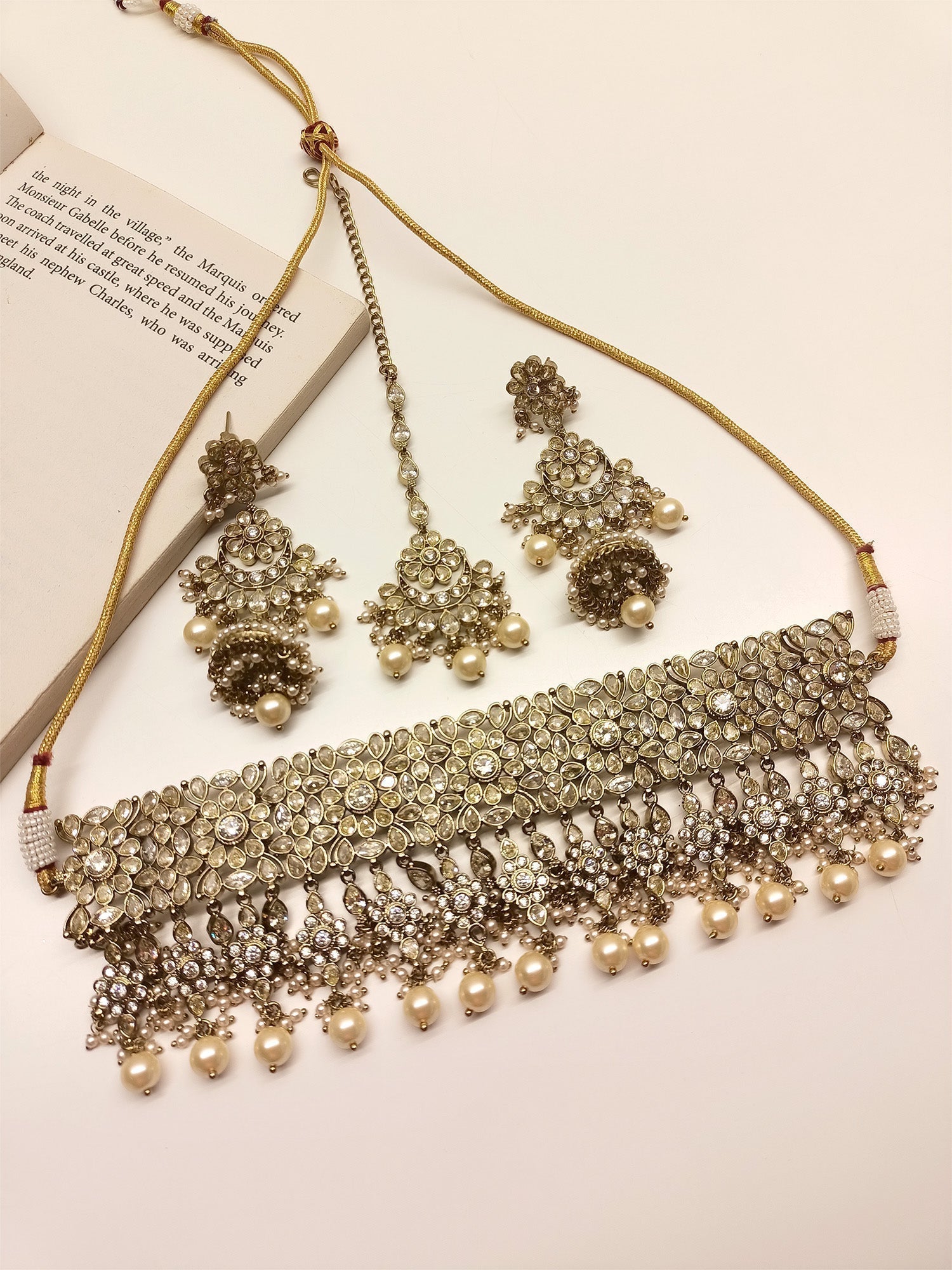 Tasavur Copper Polki Choker Set with Pearl Hanging and Matching Earrings