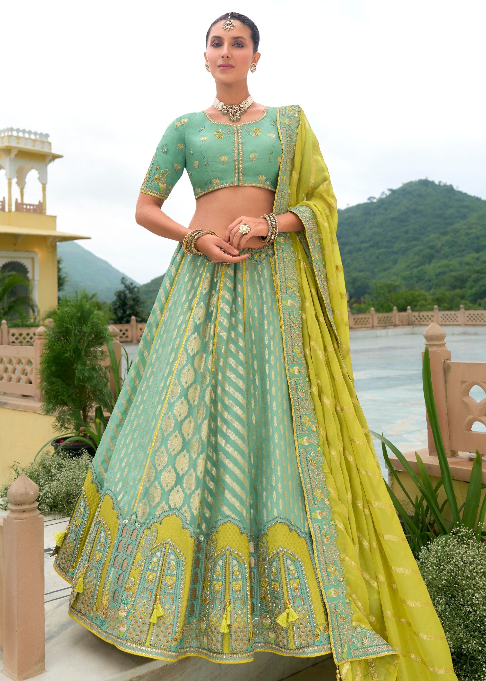 Mint Green Banarasi Silk Lehenga With Heavy Embroidery Work | Ready To Wear - qivii