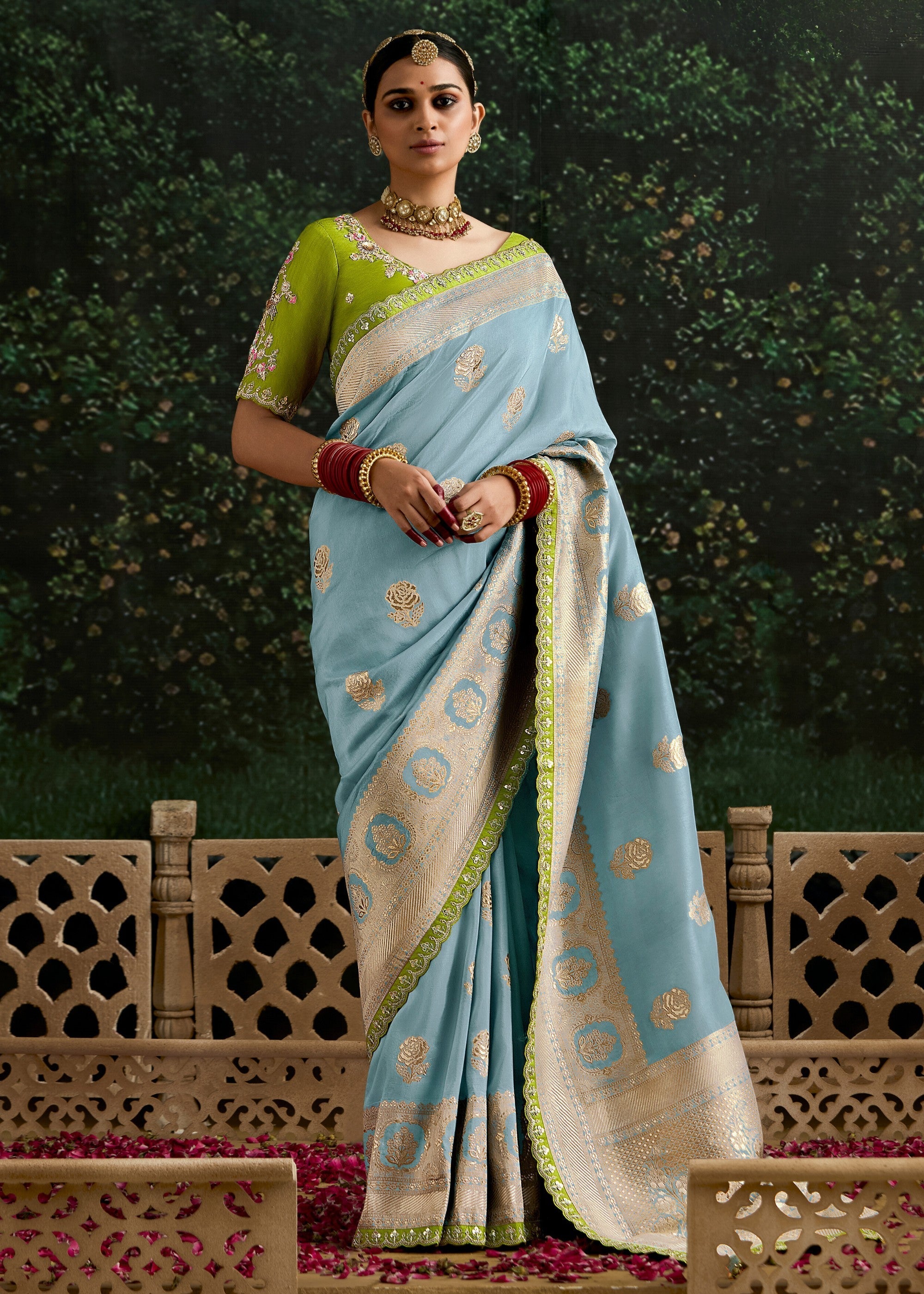Sky-blue and Lime-green Viscose silk Saree with Zari work - qivii
