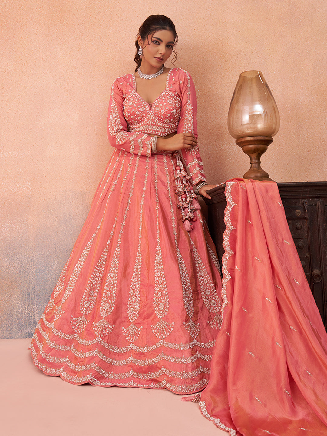 Peach Tissue Beads & Sequins Embroidered Lehenga Set